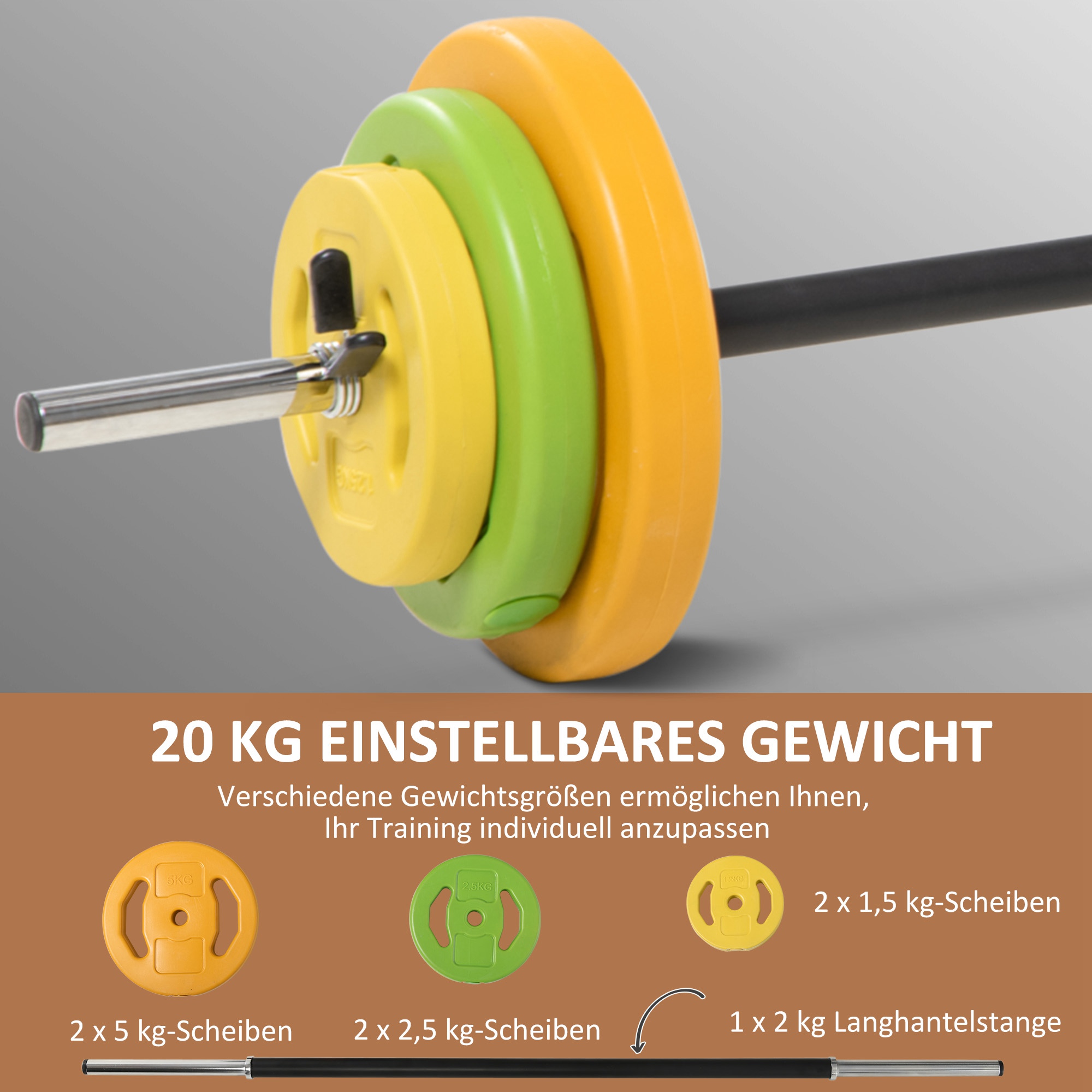 20 kg hanteles komplekts, oranža, zaļa, dzeltena, metāls - Image 4