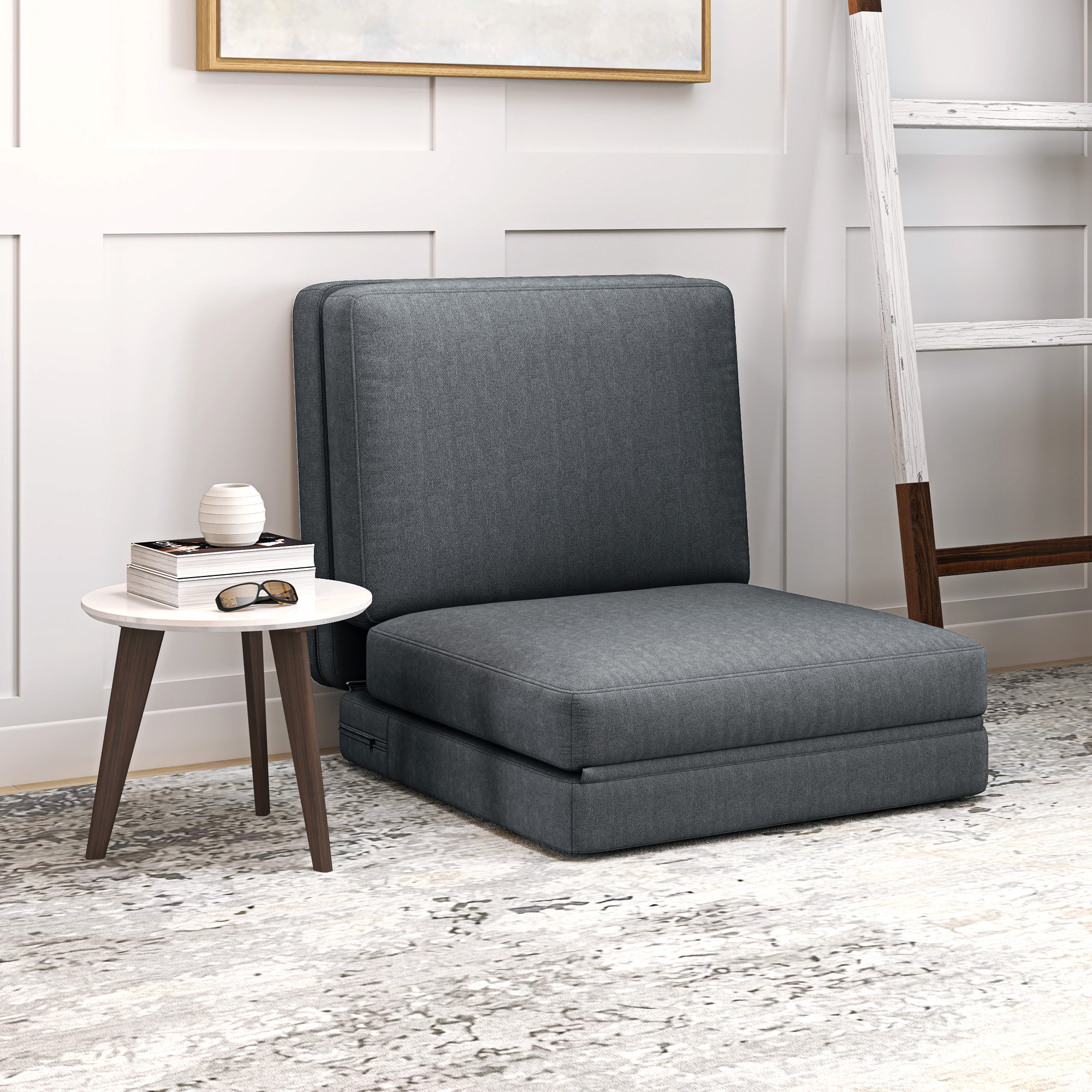 Sulankstoma grindų kėdė su pagalvėle, transformuojama sofa, tamsiai pilka, 75 x 268 x 18 cm - Image 2