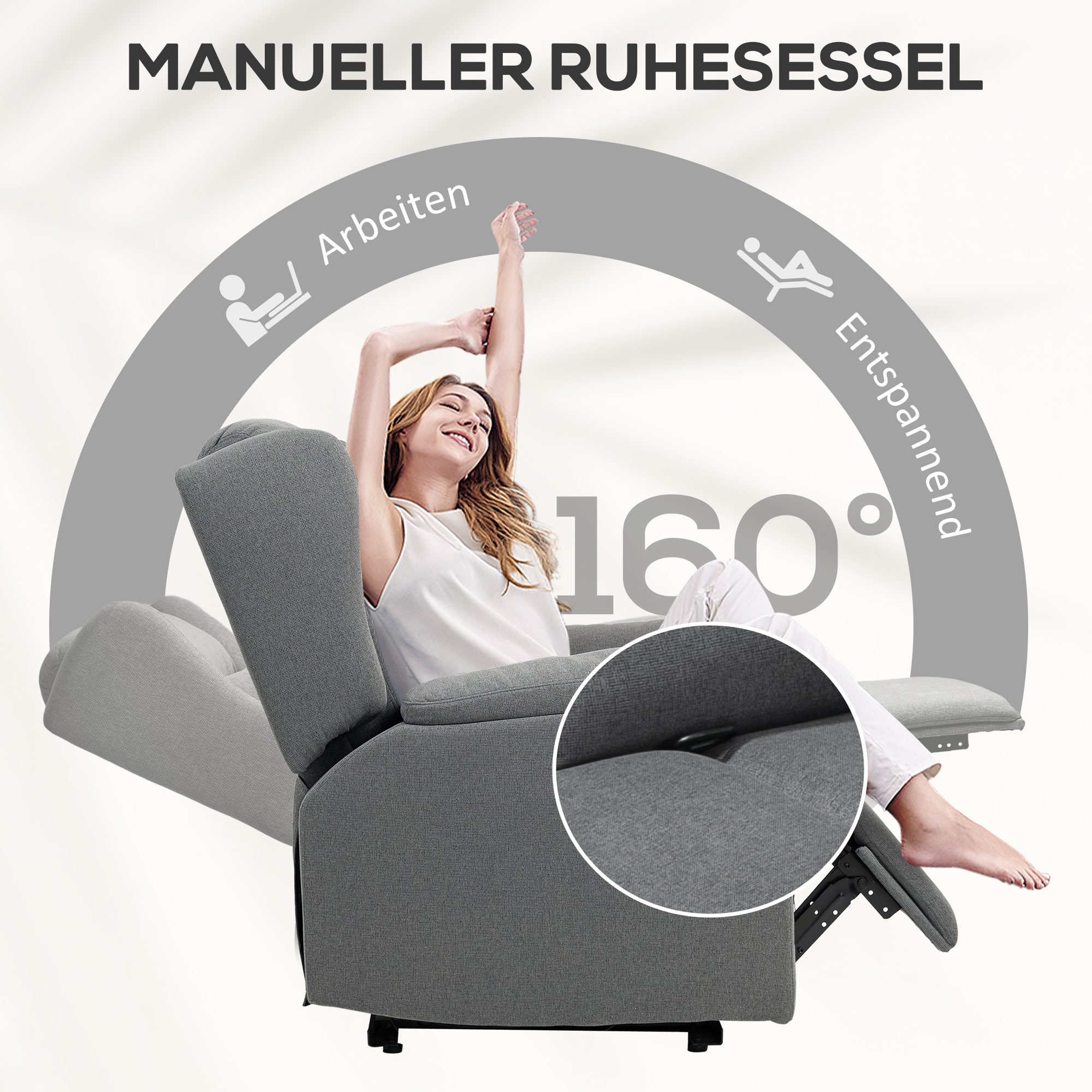 Relaxsessel, regulējams polsterēts atpūtas krēsls ar kāju balstu, noliecams līdz 160°, tumši pelēks, 80 x 94 x 101 cm - Image 4