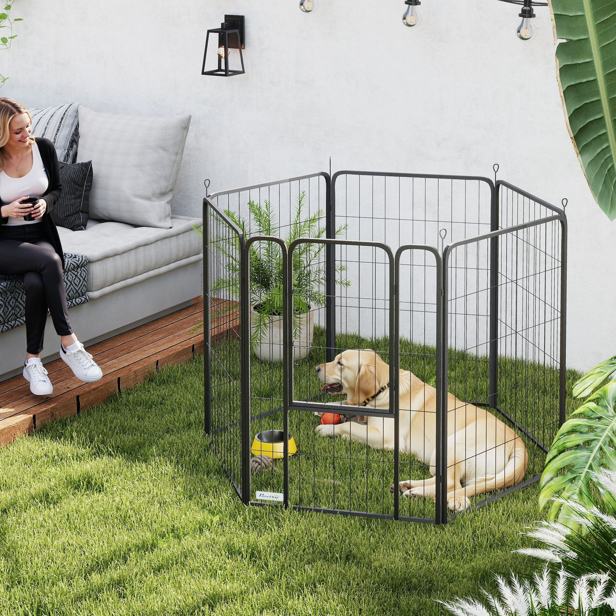 Suņu voljers ar 6 paneļiem, melns, tērauds, 100 cm - Image 2