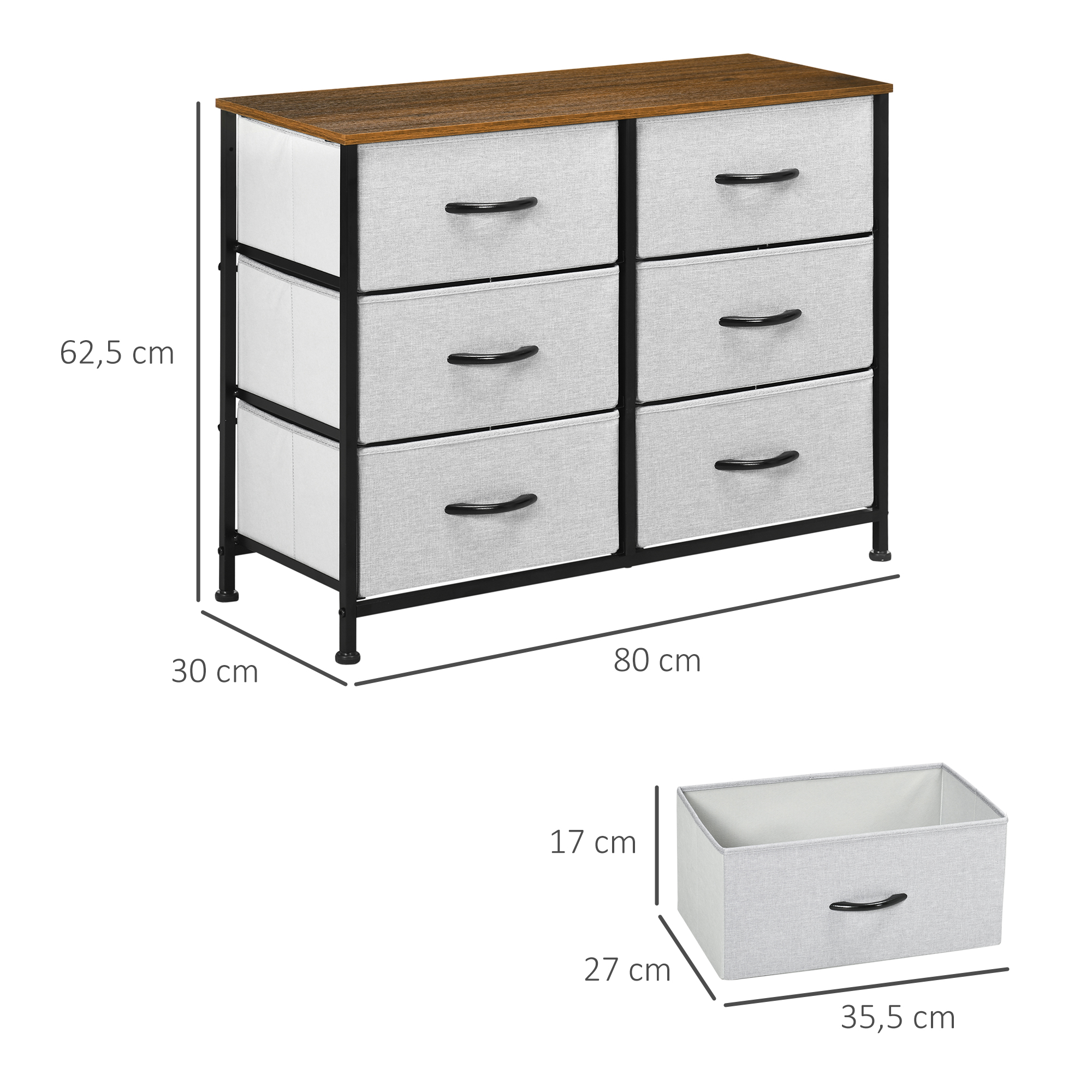 Komoda su 6 stalčiais, audinio stalčiai, 80 x 30 x 62,5 cm, ruda / juoda / pilka - Image 3