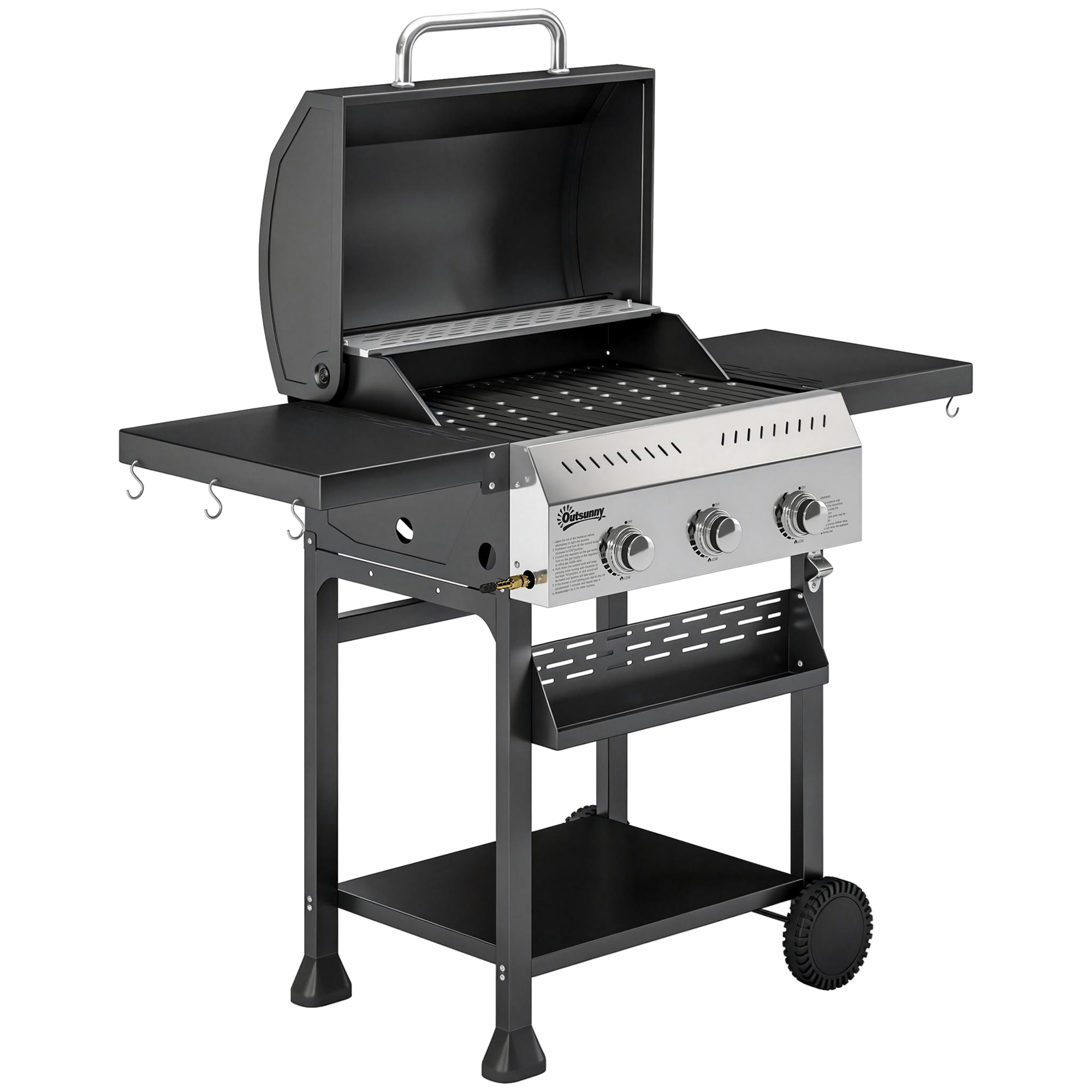 Gaasigrill käru, 9 kW, 3 põletit, roostevaba teras, must, 123 x 57 x 102 cm