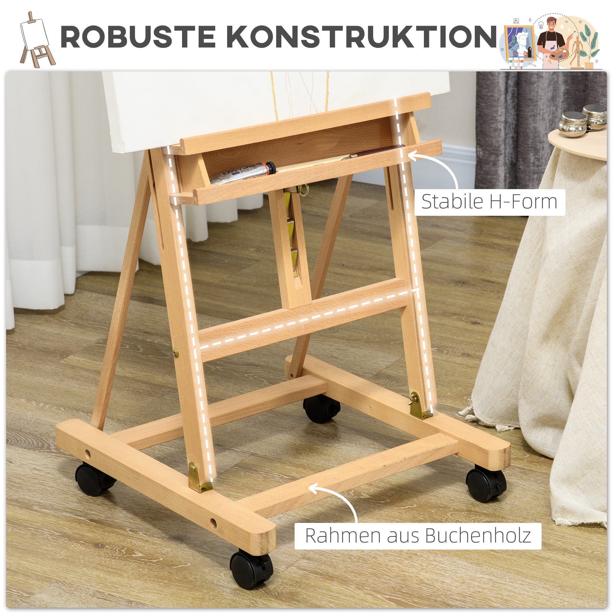 Säädettävä taiteilijanalusta 4 pyörällä, luonnonpuun värinen, 178-238 cm - Image 5