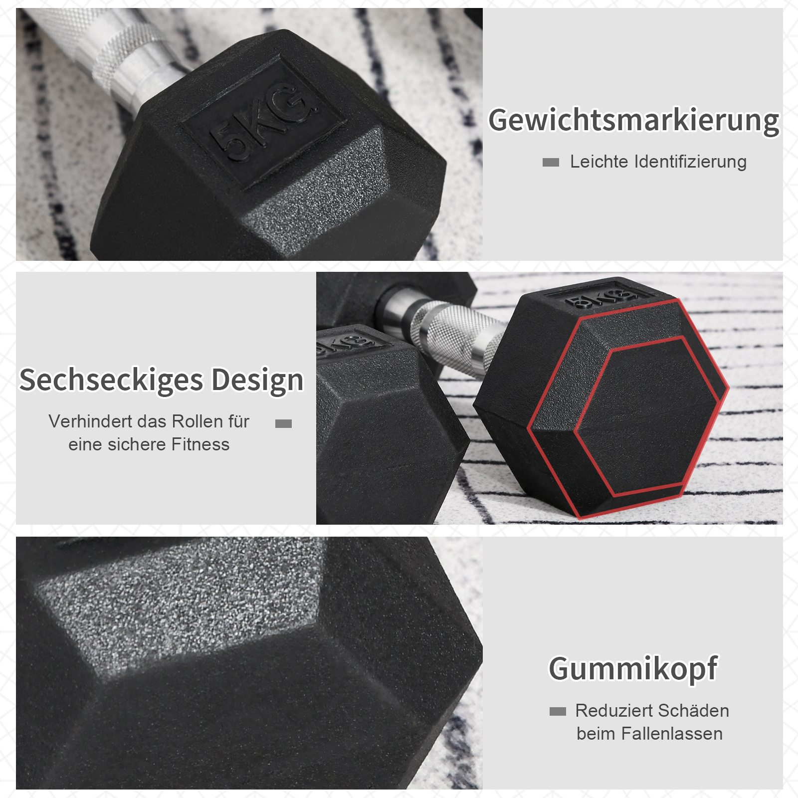 2-osainen kuusikulmainen käsipainosetti, 2 x 5 kg, musta, kumi ja valurauta - Image 4