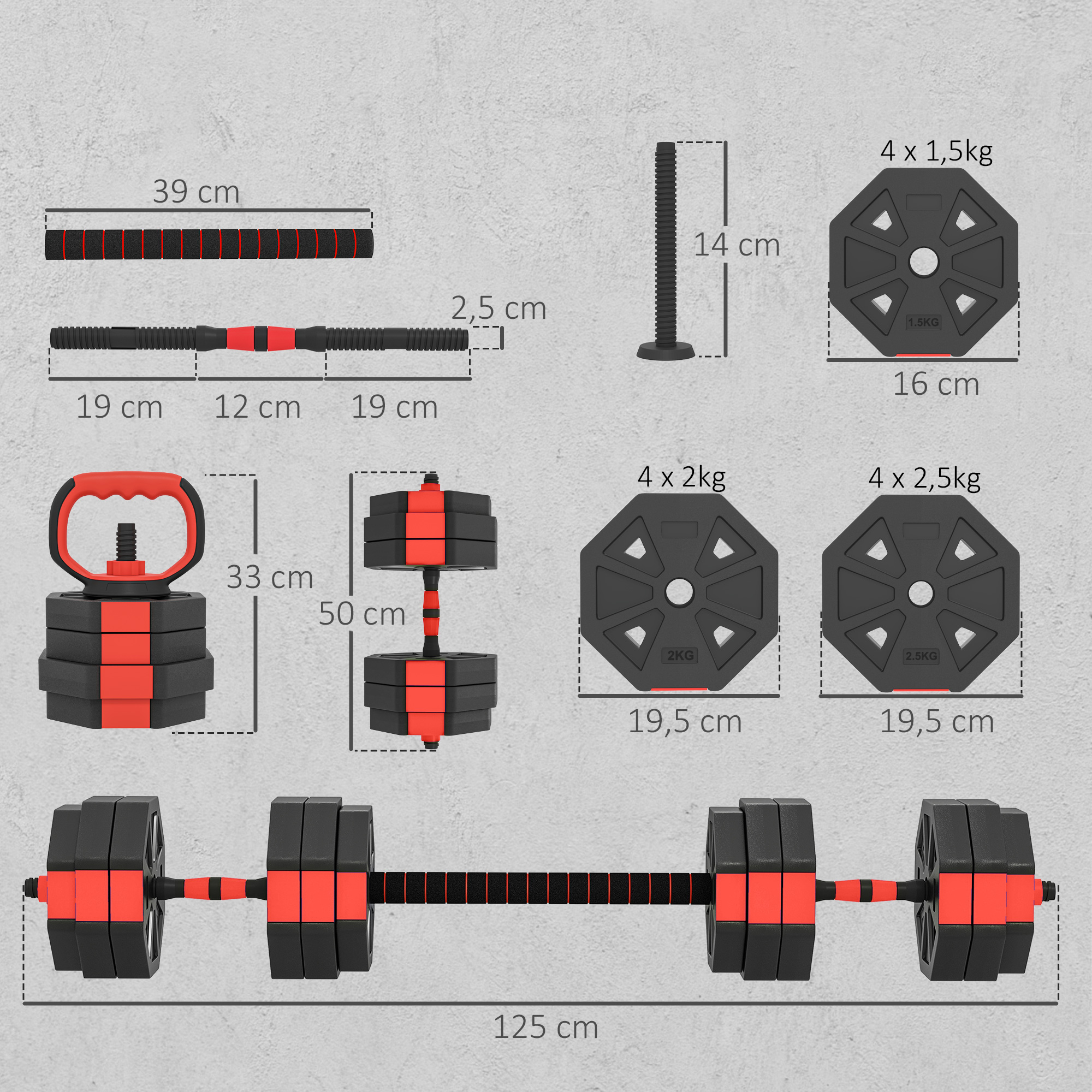 6-in-1 regulējamu hantelīšu komplekts, 25 kg, sarkans - Image 3