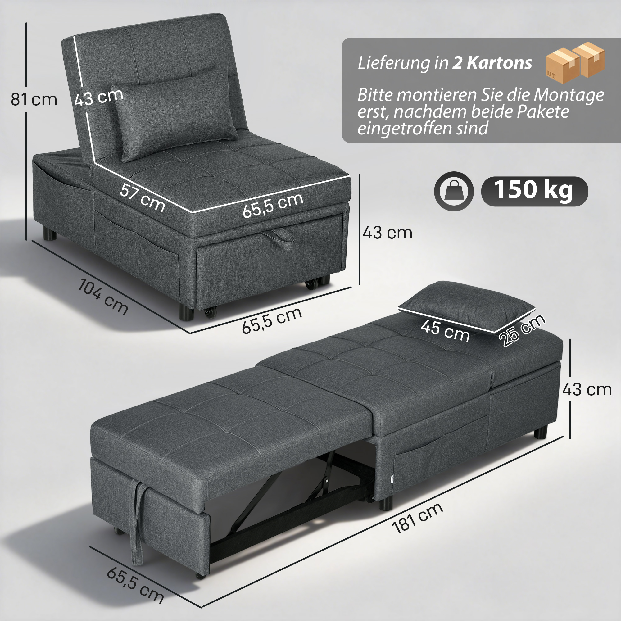 4-in-1 atpūtas krēsls ar sānu kabatām, pelēks, 65,5 x 104 x 81 cm - Image 3