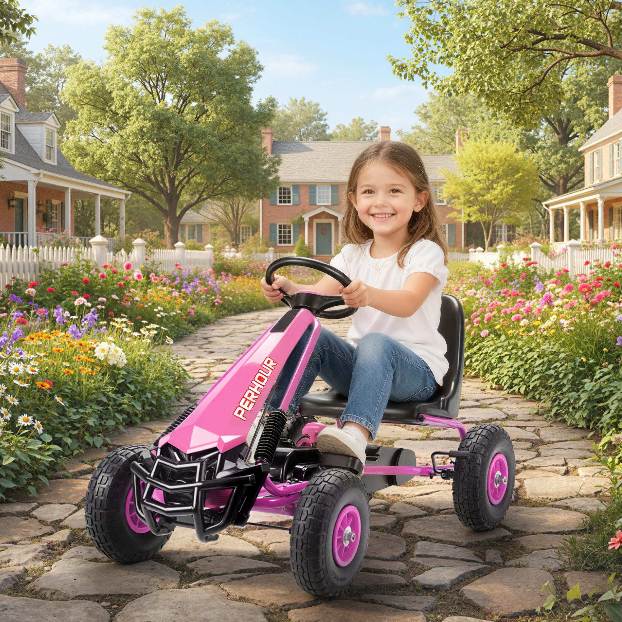 Poljettava gokart lapsille, säädettävä istuin, EVA-renkaat, pinkki, 110 x 61 x 62 cm - Image 2