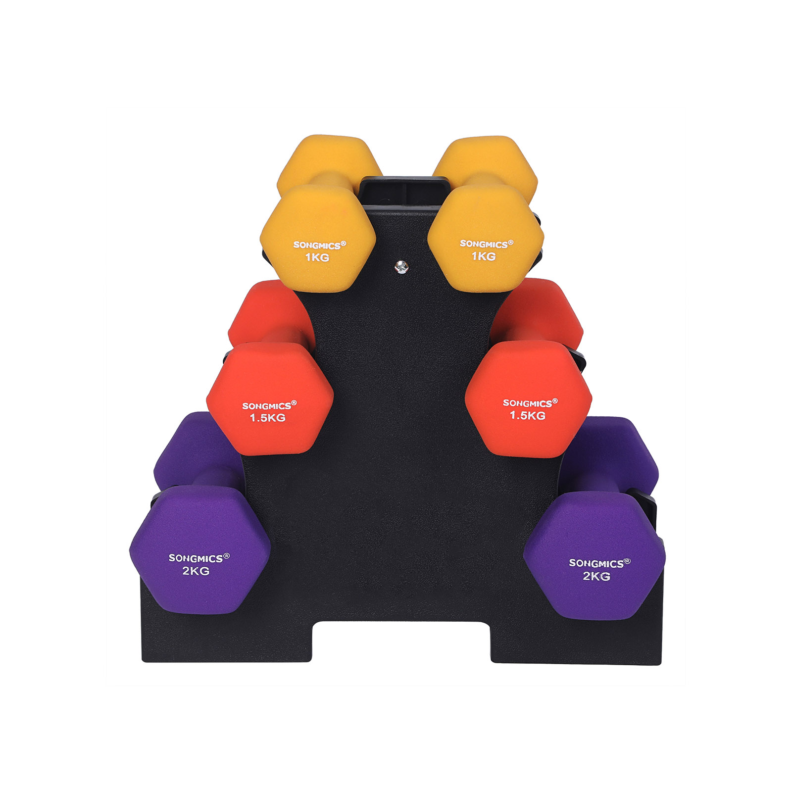 Hantelių rinkinys su stovu, 6 vnt., 1–2 kg, ketaus su vinilo danga, geltona, oranžinė, violetinė - Image 2