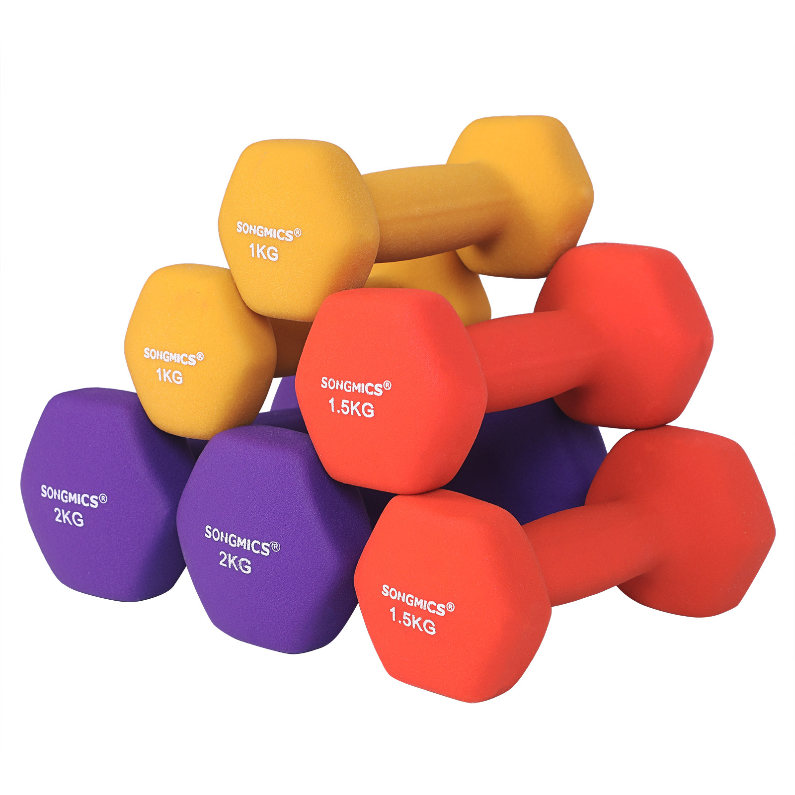 Hantelių rinkinys su stovu, 6 vnt., 1–2 kg, ketaus su vinilo danga, geltona, oranžinė, violetinė - Image 6