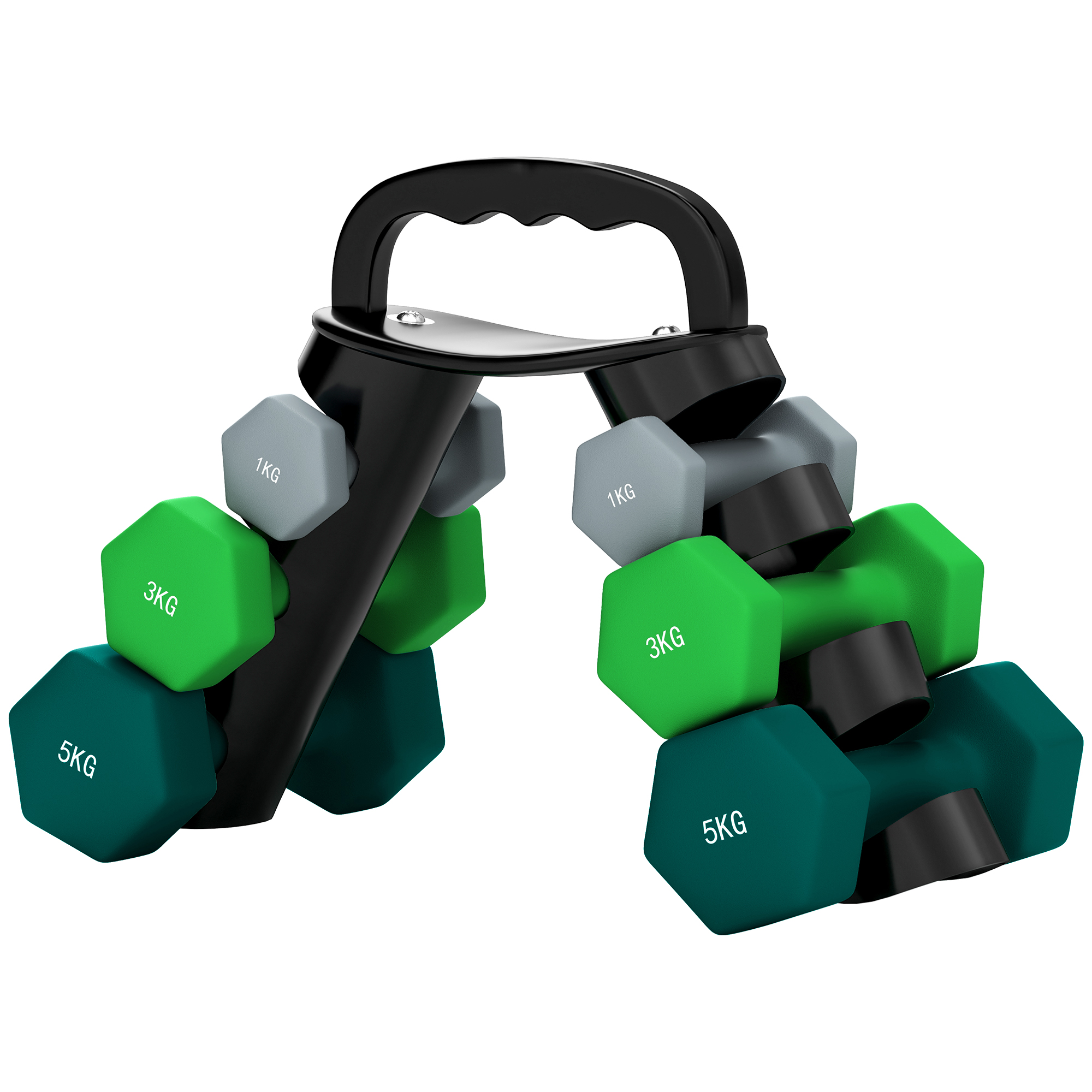 Hantelių rinkinys su laikymo stovu, 6 hanteliai fitneso treniruotėms, 2 x 1 kg, 2 x 3 kg, 2 x 5 kg
