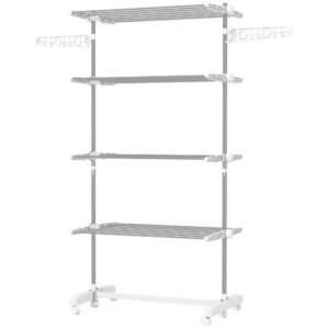 Mobilne pesukuivatusrest ratastega, 4 tasandit, kokkupandav, roostevaba teras, valge, 142 x 55 x 172 cm