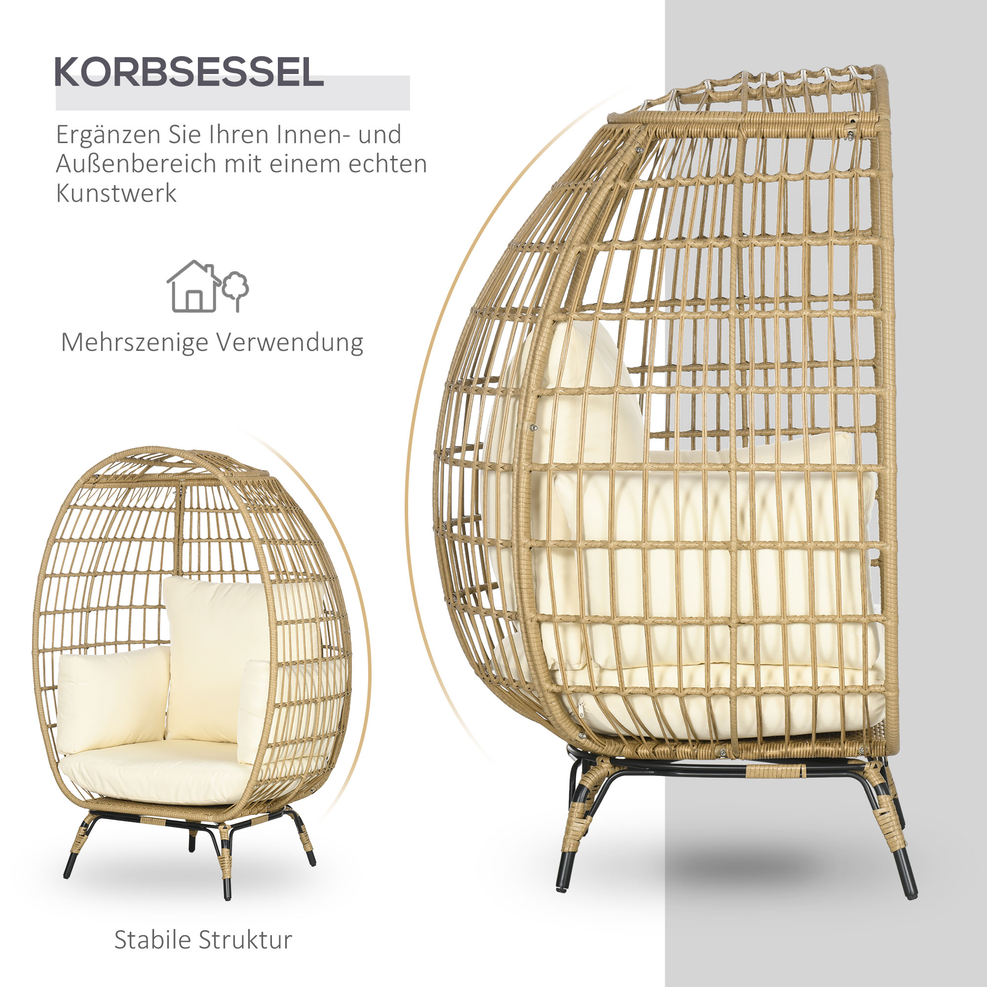 Kabantis kiaušinio formos krėslas iš ratano imitacijos, khaki ir beige, 105 x 90 x 148 cm - Image 5