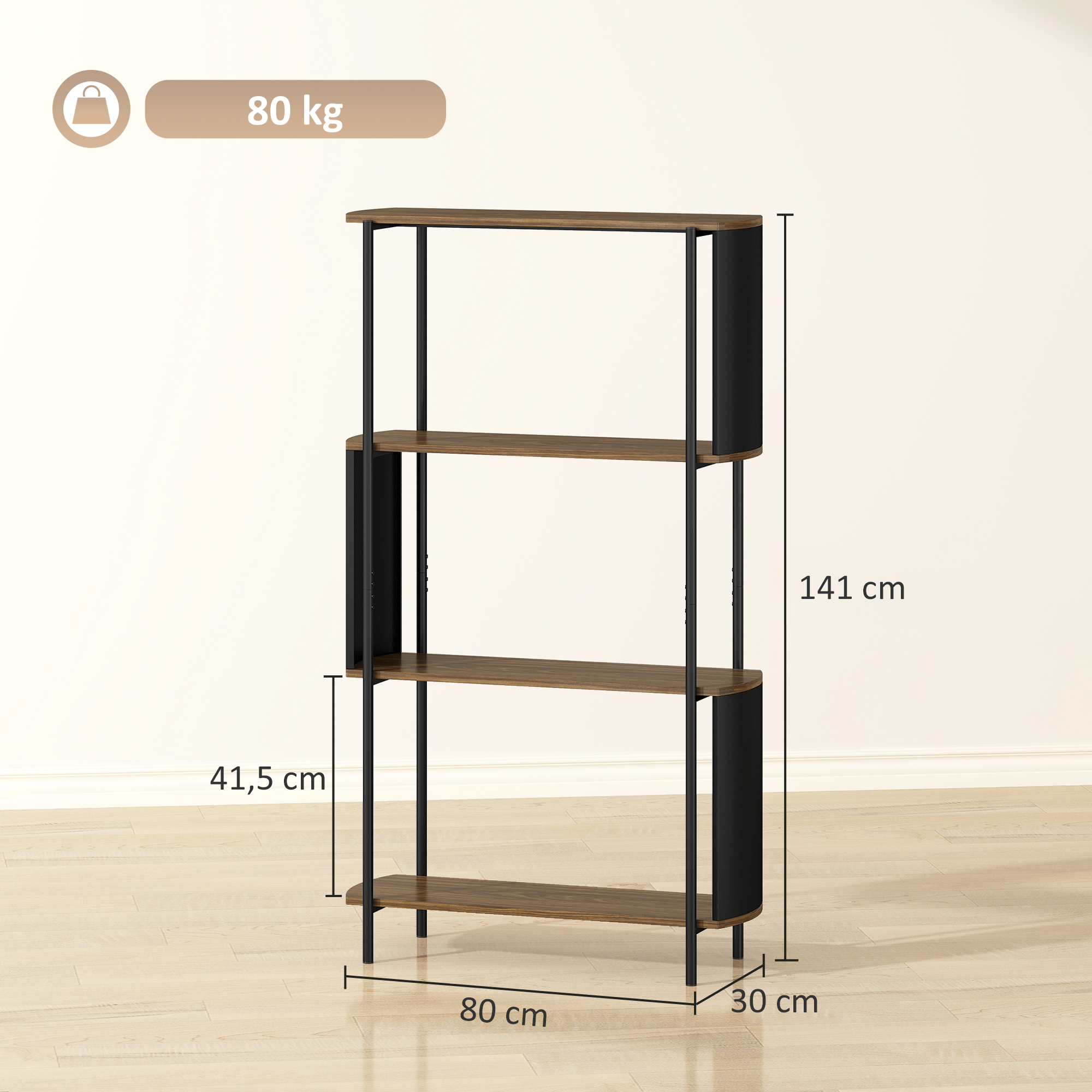 Kirjahylly, 4 tasoinen seisova hylly, kaareva muotoilu, ruskea, 80 x 30 x 141 cm - Image 3