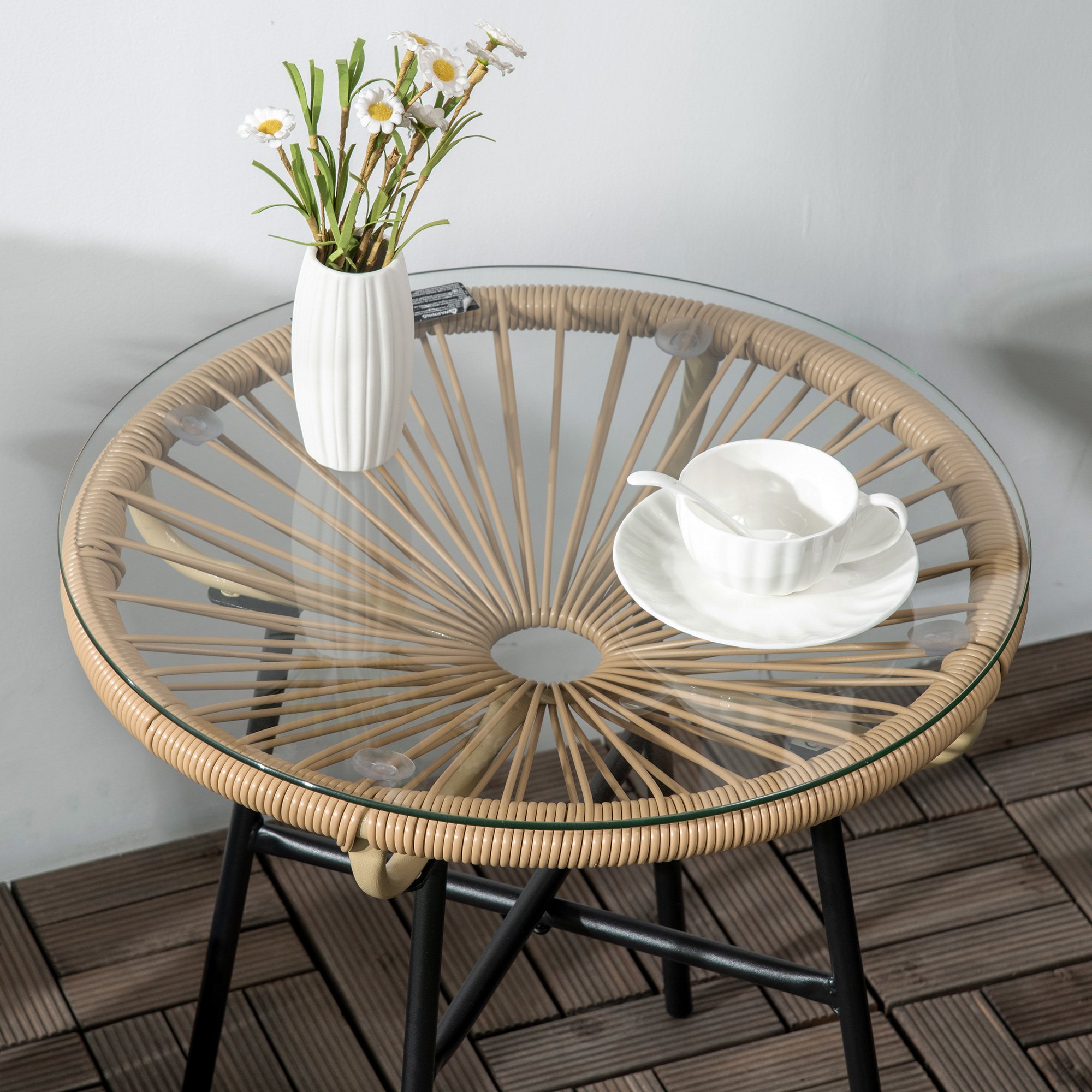 Puutarhan sivupöytä boho-tyyliin, PE-rottinki, karkaistu lasi, beige, 50 x 50 x 50 cm - Image 9