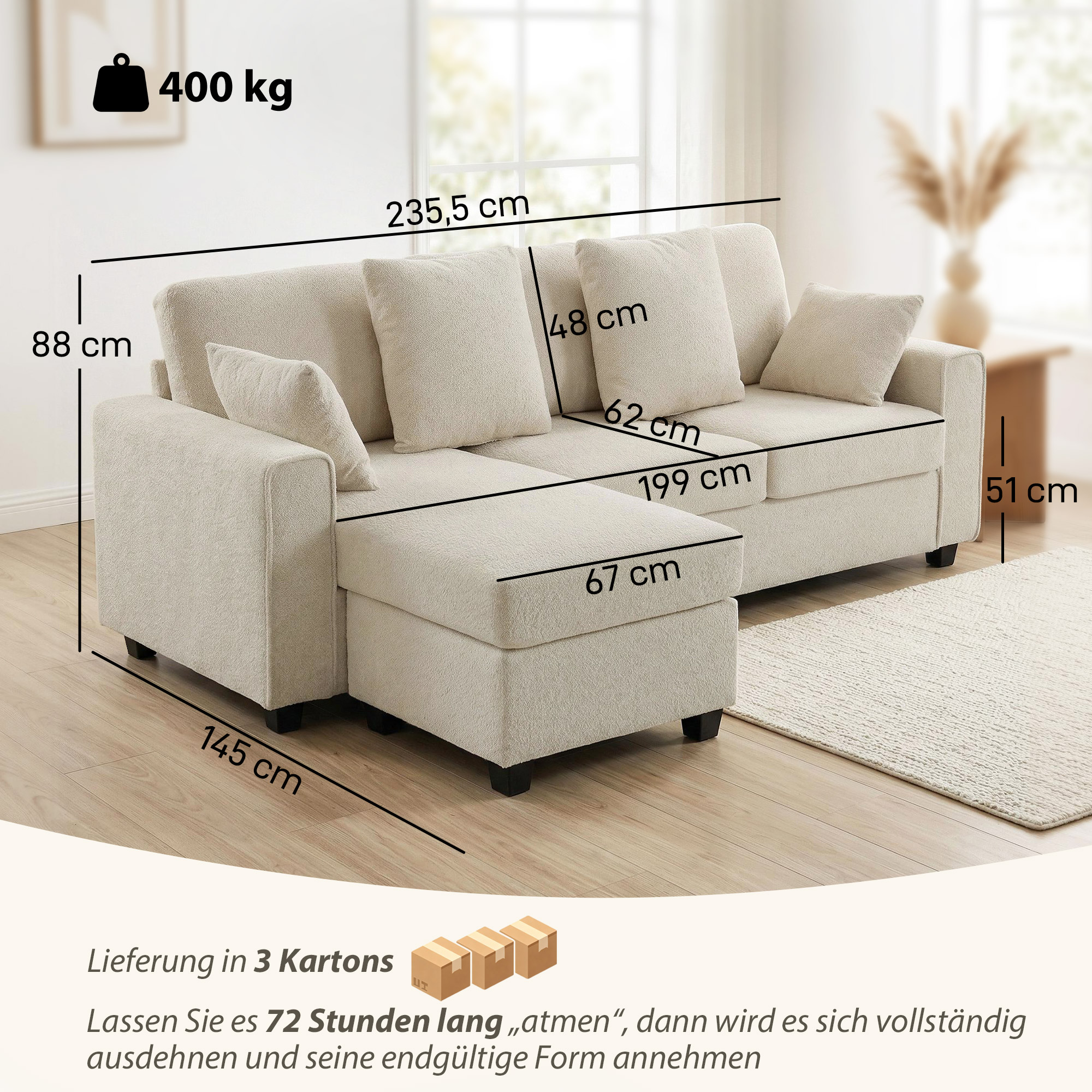 Kampinė sofa su reversine šezlongo dalimi, 3 vietų, aksomo išvaizdos, smėlio spalvos, 235,5 x 145 x 88 cm - Image 3