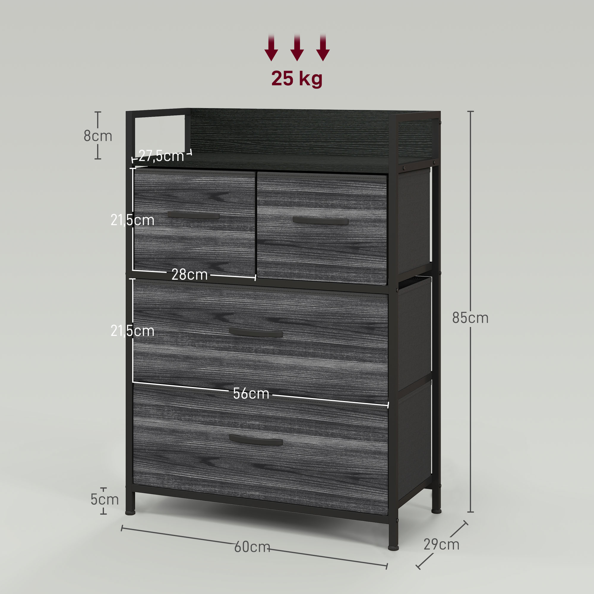 Kaappi, 4 kangaslaatikkoa, industrial-tyyli, musta, 60 x 29 x 85 cm - Image 3
