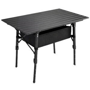 Kokkupandav matkatabel hoiukorviga, reguleeritava kõrgusega, alumiinium, must, 90 x 55 x 45-66 cm