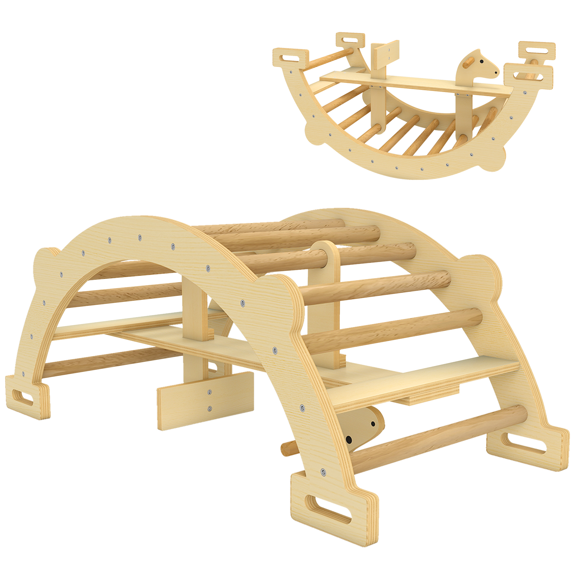 Montessori kiipeilykaari sisäkäyttöön, 2-in-1 puinen, luonnonpuu, 110 x 52 x 45 cm