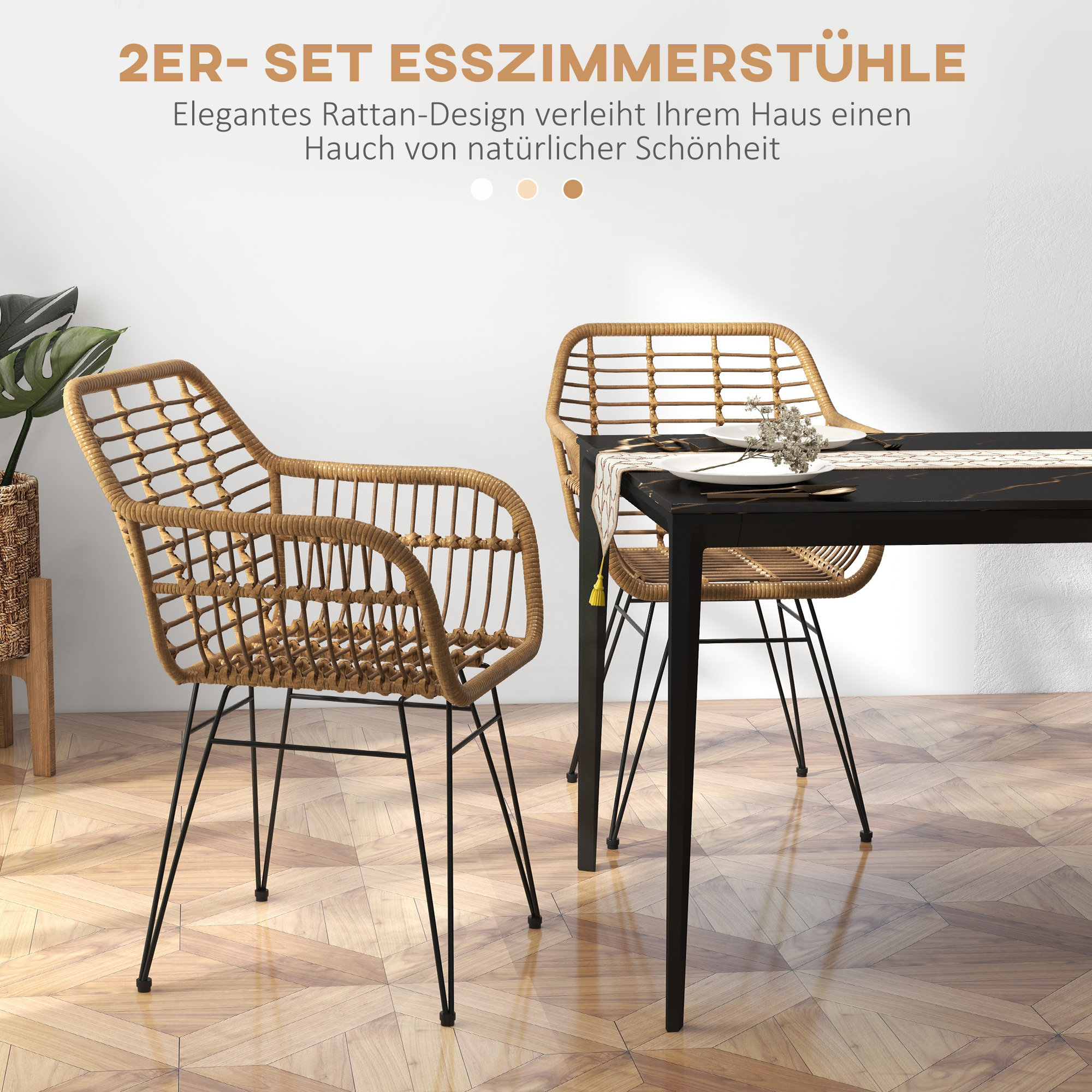 2 dalių valgomojo kėdžių rinkinys boho stiliaus, PE ratano, 56 x 60 x 79 cm, natūrali ir juoda - Image 4