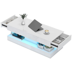 Kohvilaud sahtlite ja LED-valgustusega, valge, 120 x 50 x 42 cm