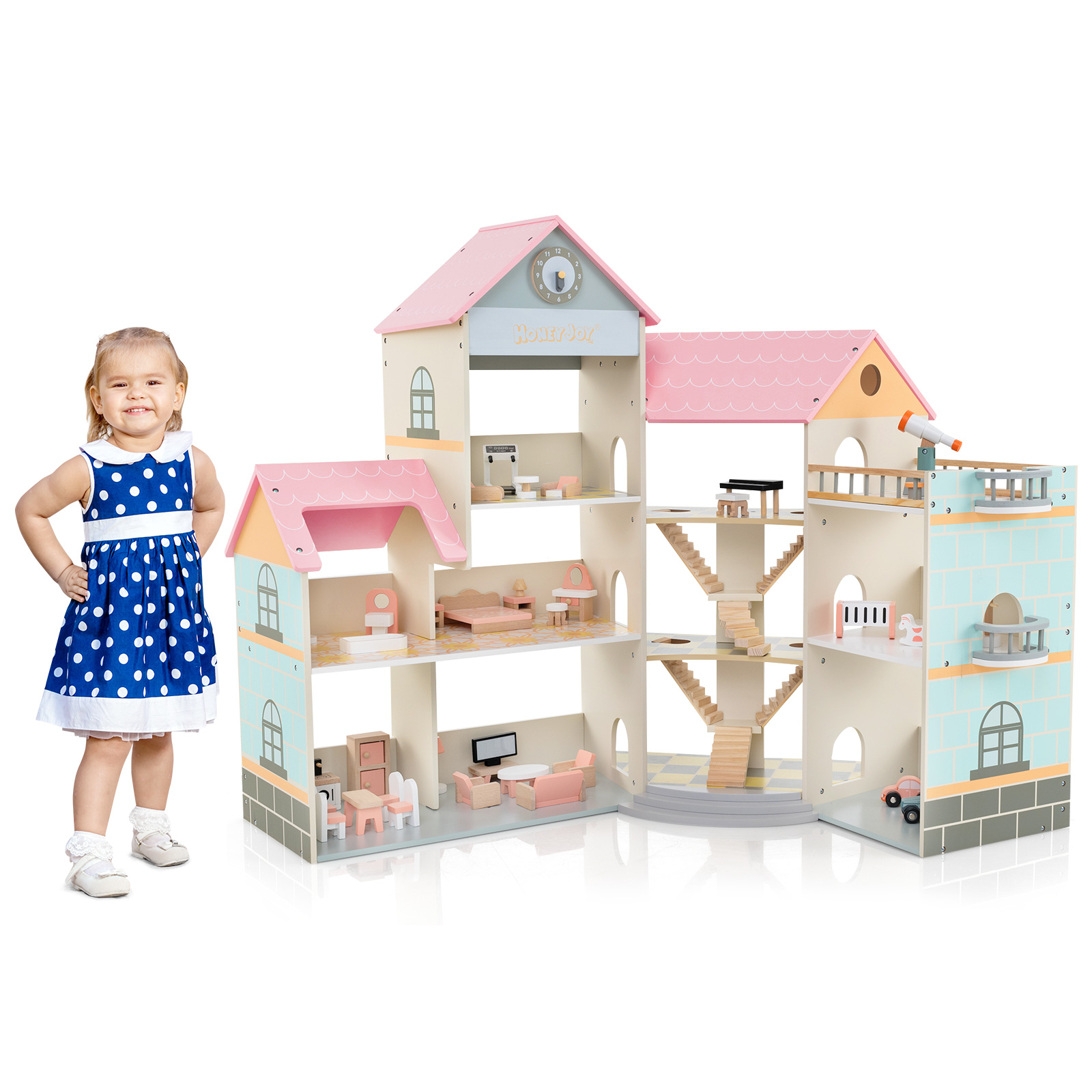Medinė kampinė lėlių namelis su 42 baldais rožinis - Image 4