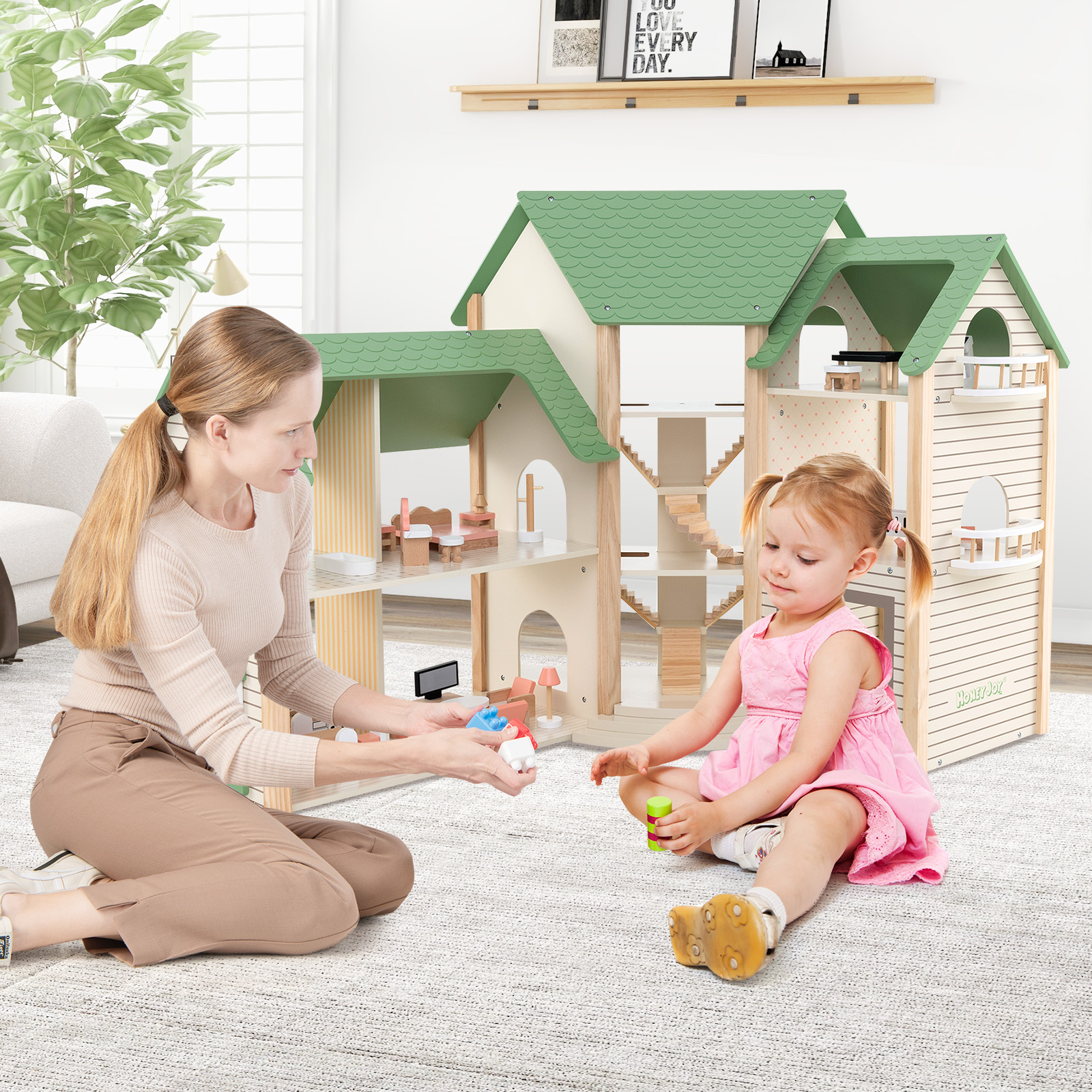 Koka leņķa koka leļļu māja ar 34 mēbelēm zaļa - Image 3