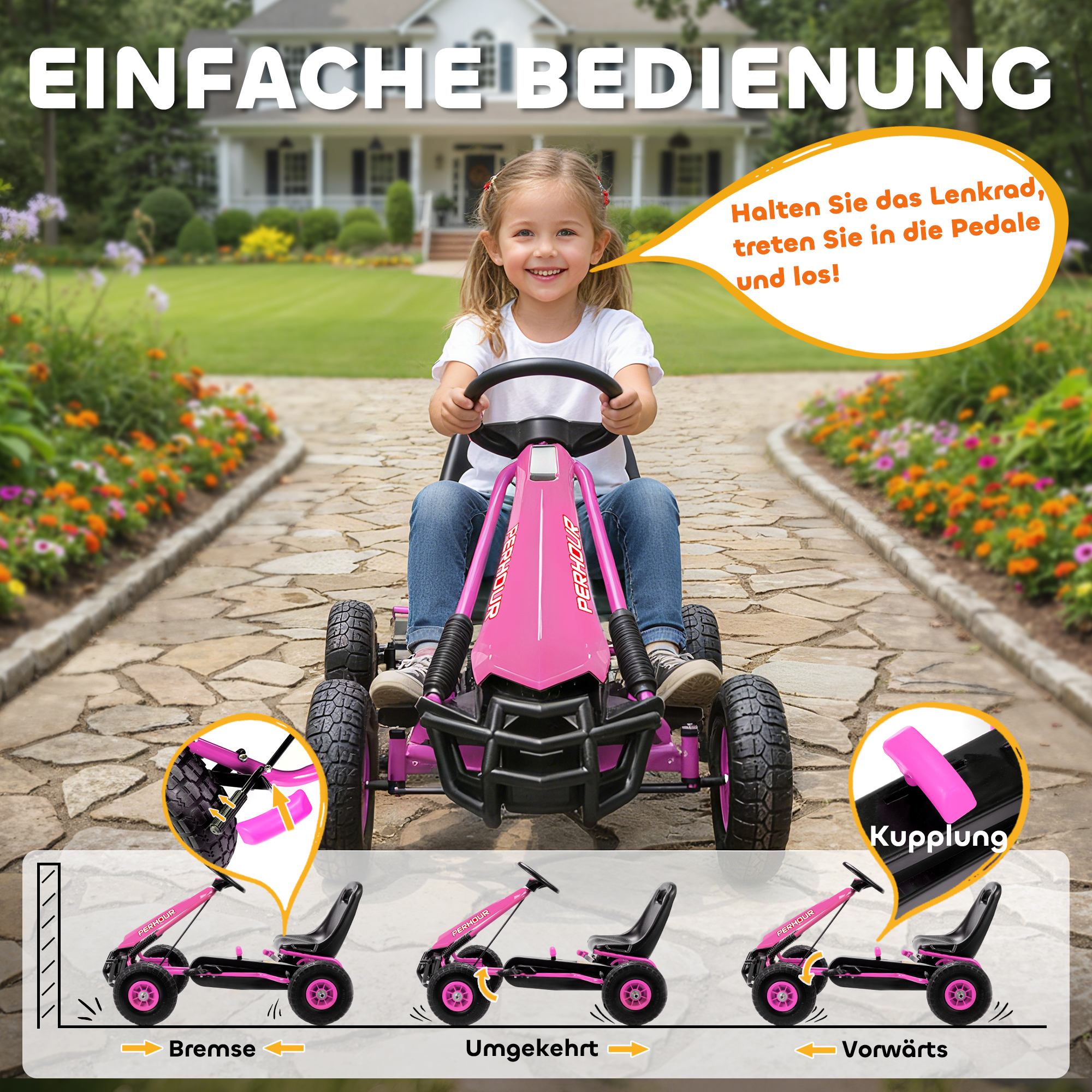 Poljettava gokart lapsille, säädettävä istuin, EVA-renkaat, pinkki, 110 x 61 x 62 cm - Image 4