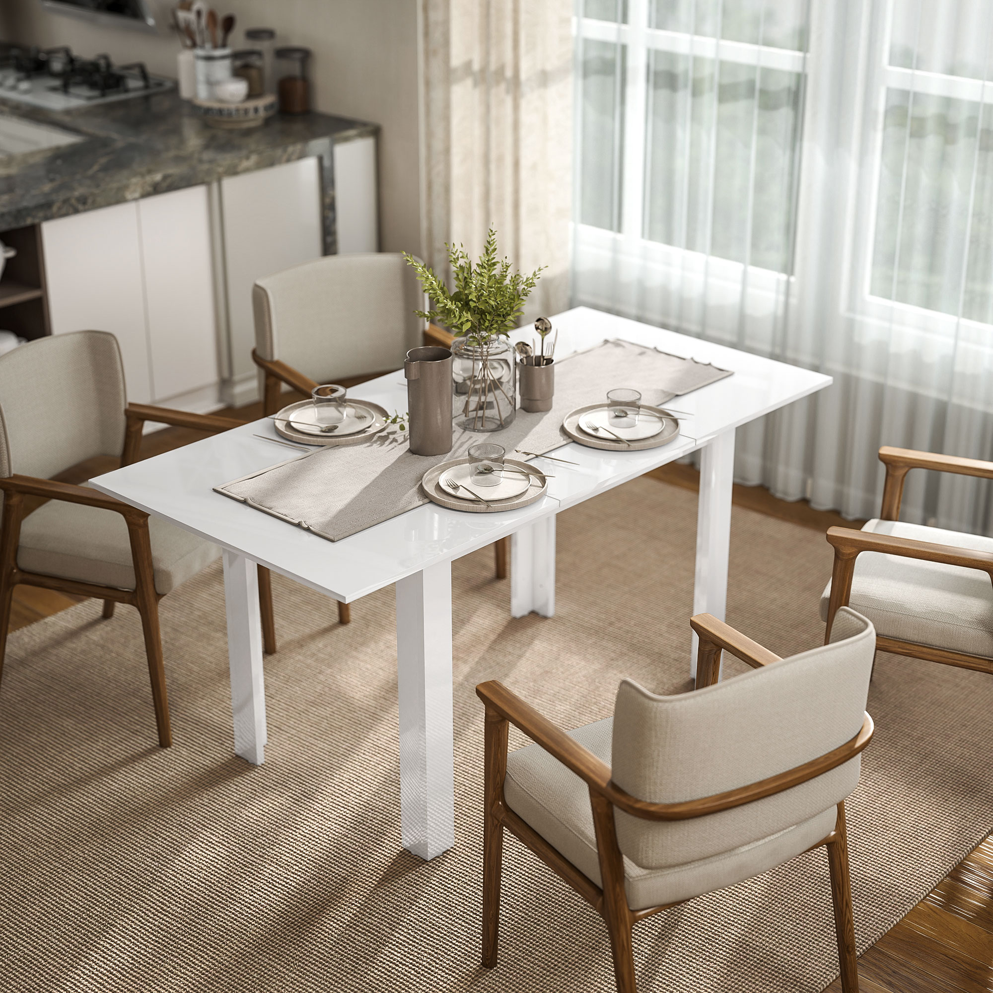 Išskleidžiamas valgomojo stalas, 120-160 x 80 cm, blizgiai balta, MDF - Image 2