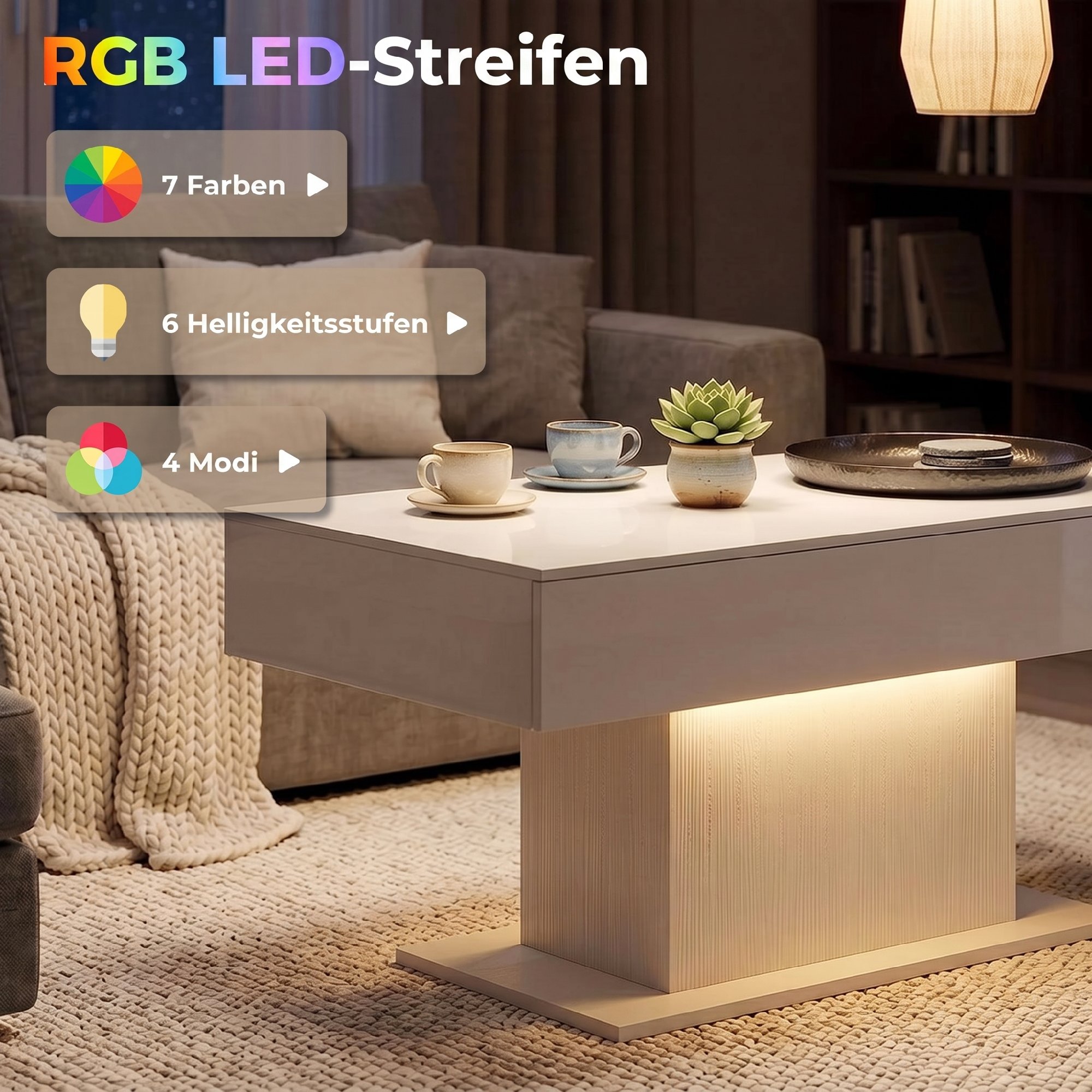 LED-sohvapöytä säilytystilalla, korkeakiiltoinen, moderni, 2 laatikkoa, valkoinen - Image 4