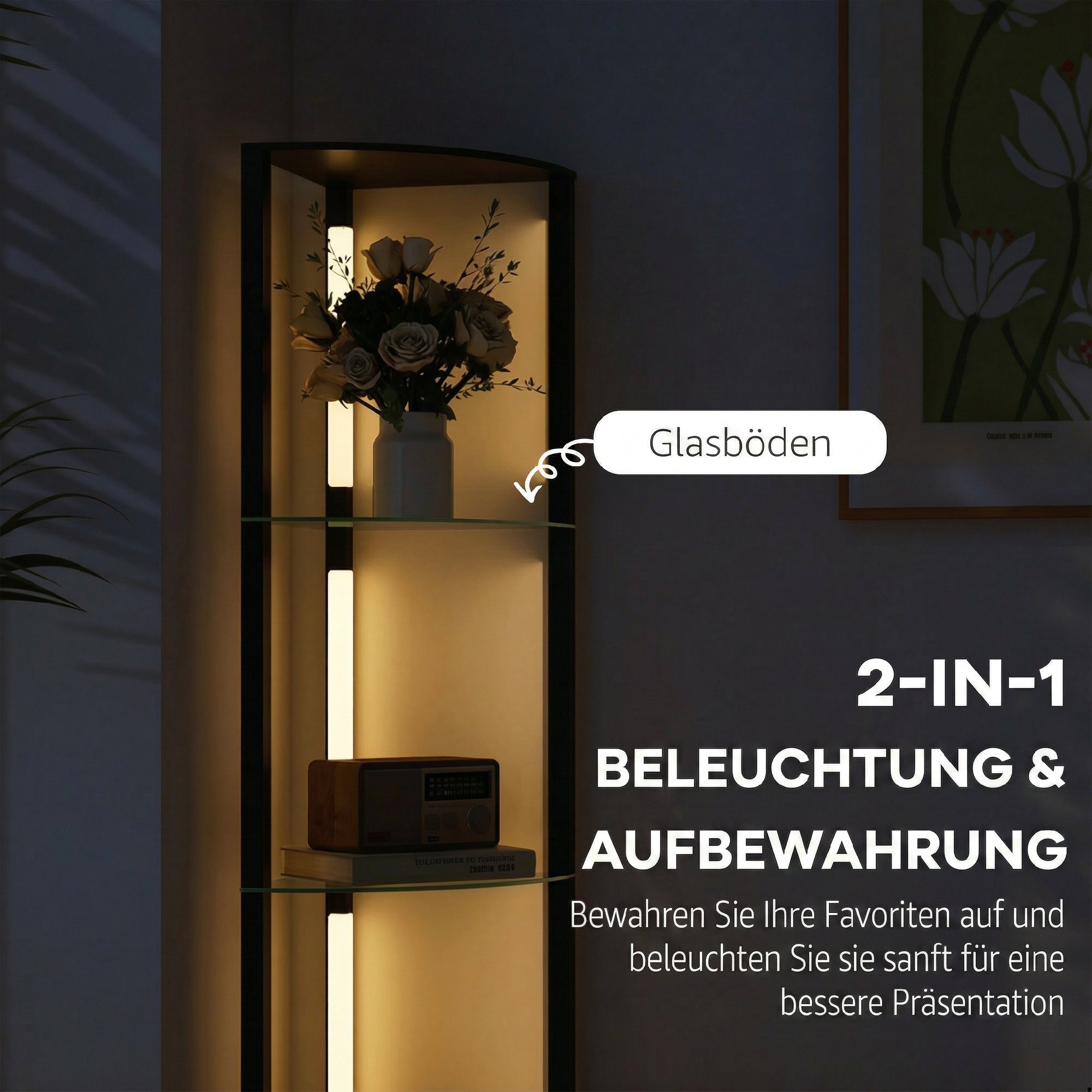 LED stāvlampa ar stikla plauktiem, melna, 41,5 x 29,5 x 162 cm - Image 4