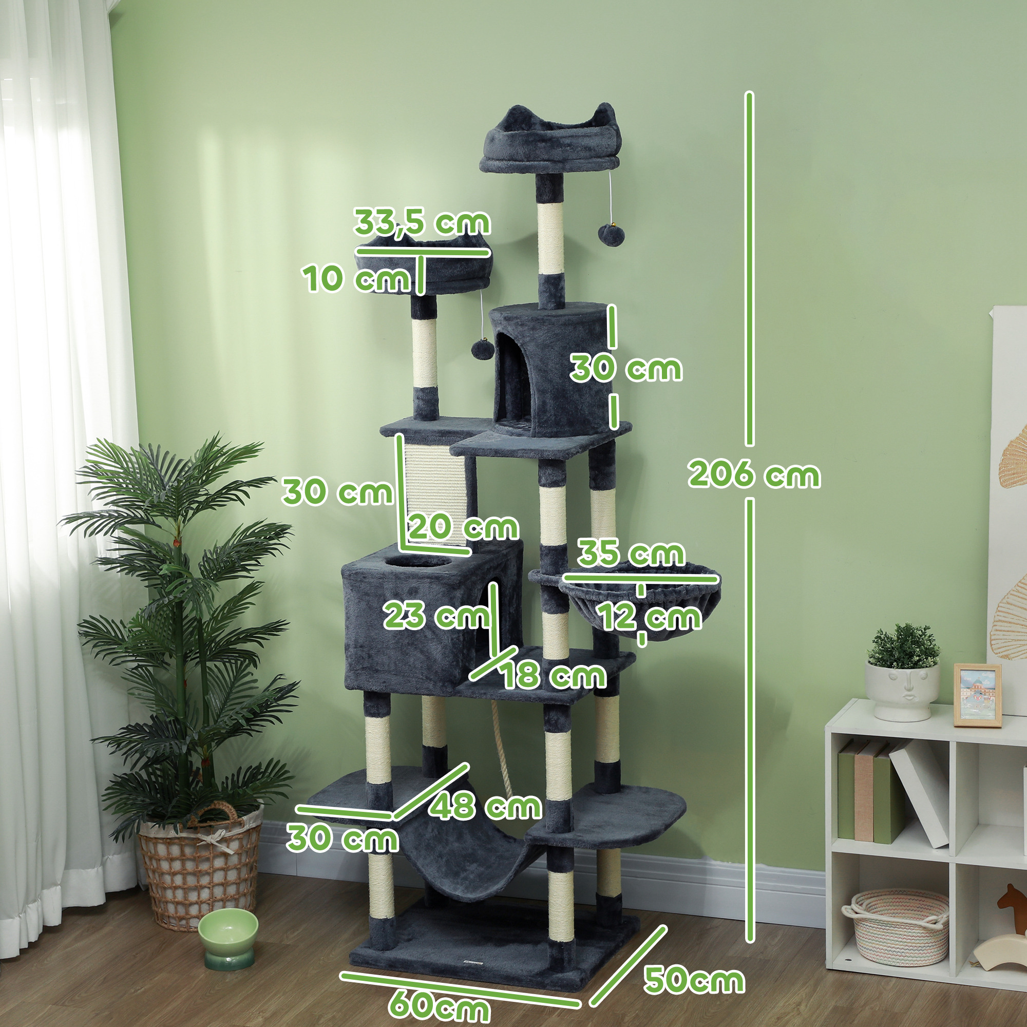 Kaķu skrāpējamais koks ar mājiņām un šūpuļtīkliem, 206 cm, tumši pelēks - Image 3