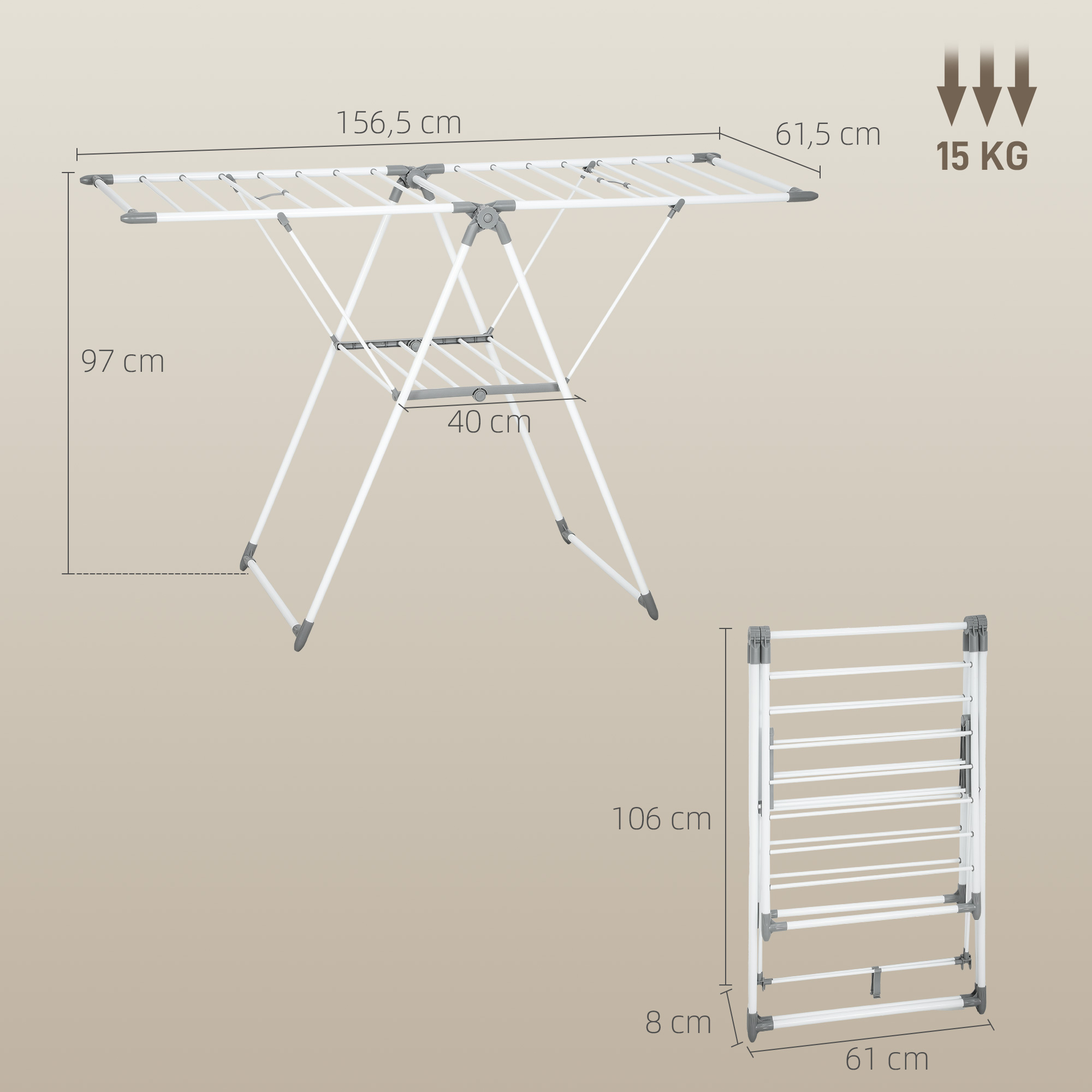 Veļas žāvētājs ar 2 līmeņiem, balts, 156,5 x 61,5 x 97 cm - Image 3