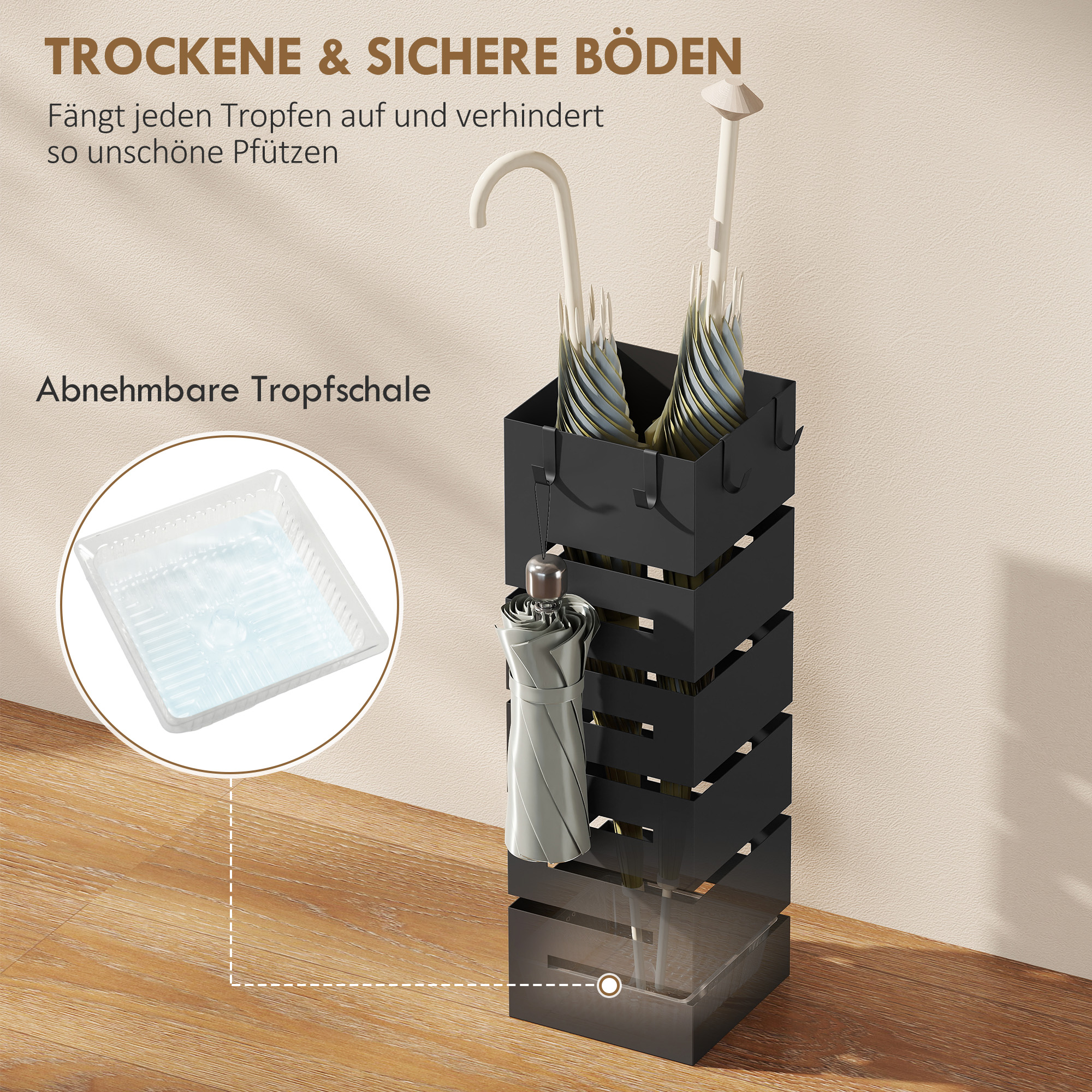 Sateenvarjoteline, metallia, musta, 15,5 x 15,5 x 49 cm, 8 sateenvarjolle - Image 4