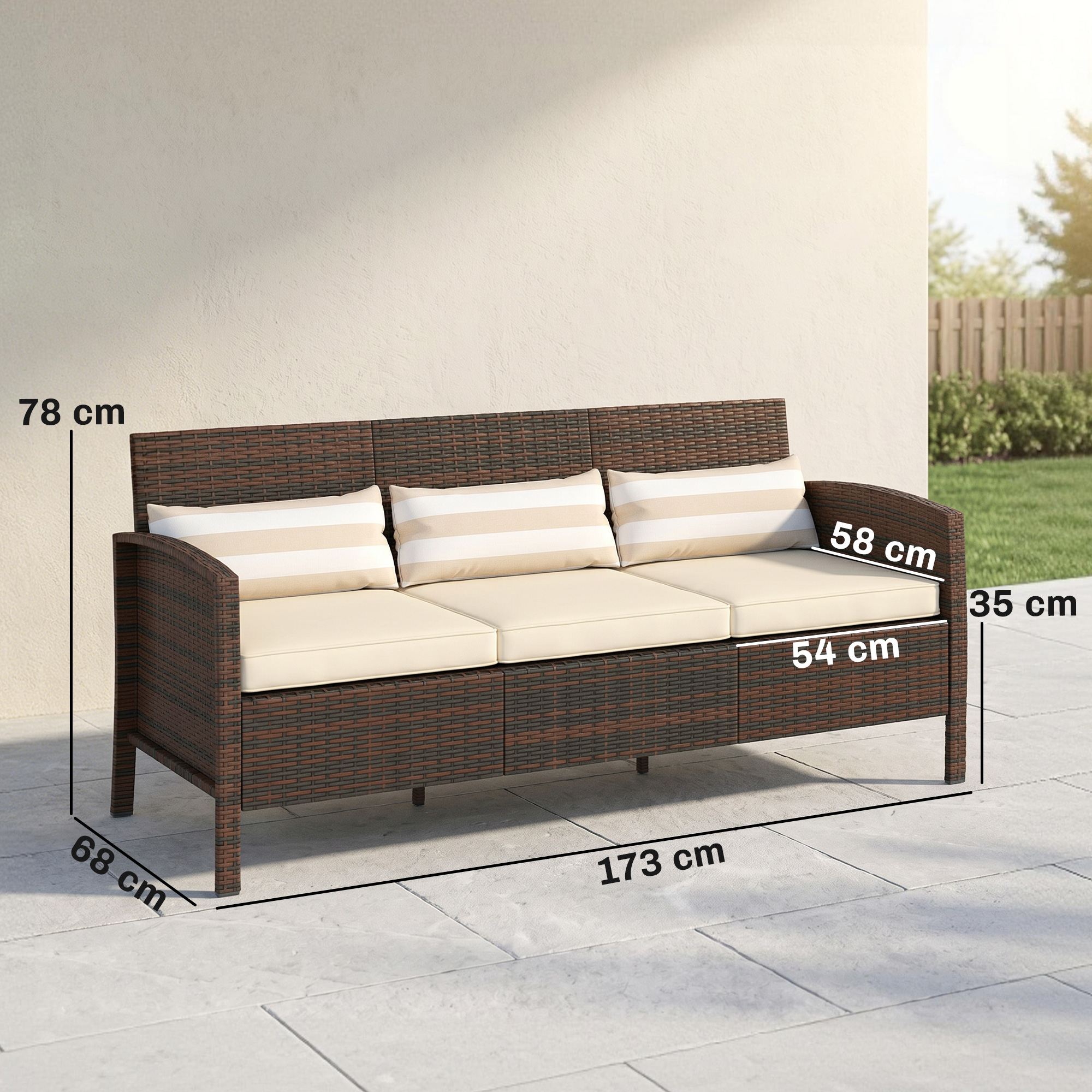 3 vietų lauko sofa su pagalvėlėmis, rudos spalvos, 173 x 68 x 78 cm - Image 3