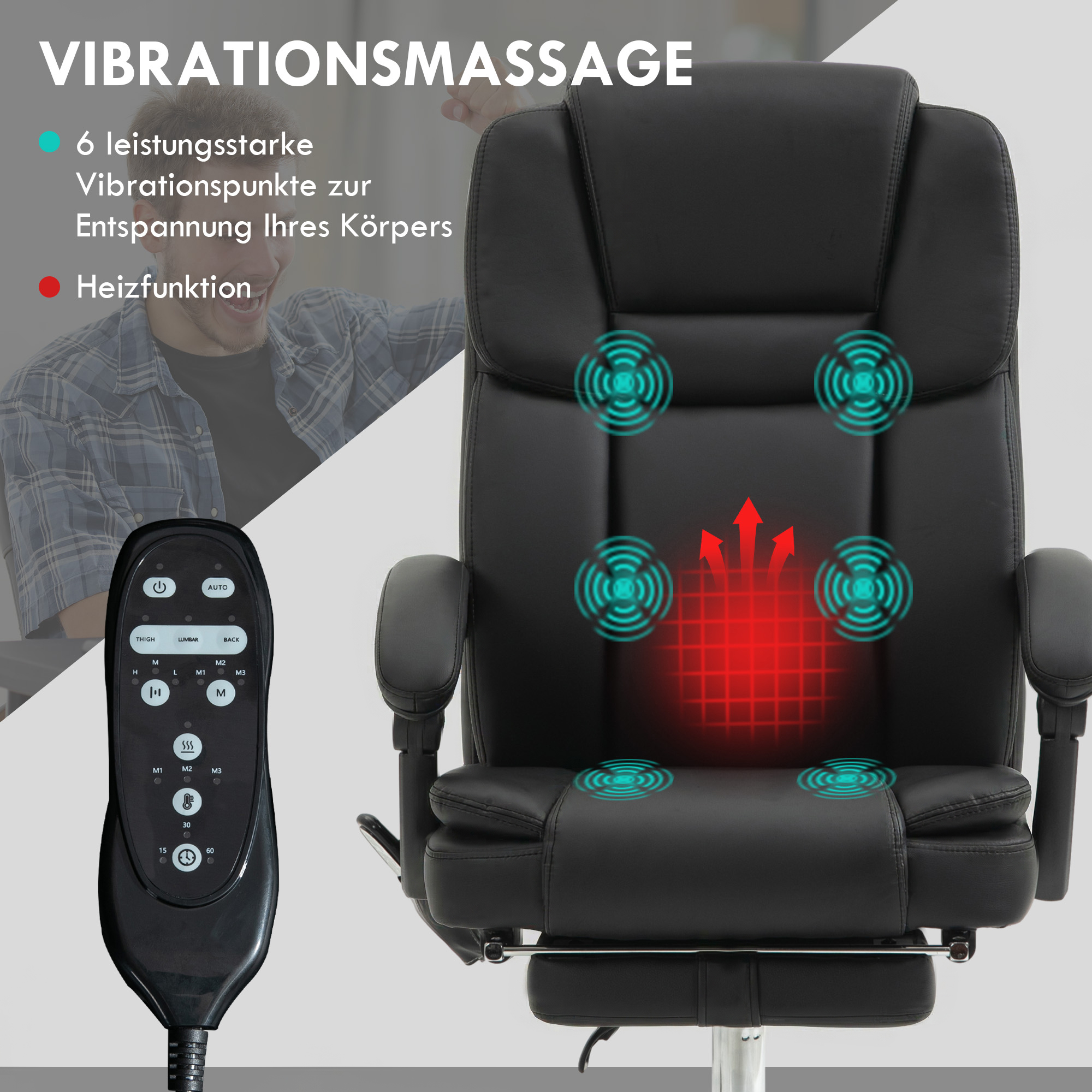 Regulējams biroja krēsls ar 6 masāžas punktiem, sildīšanas funkciju, kāju balstu, mākslīgā āda, melns - Image 4