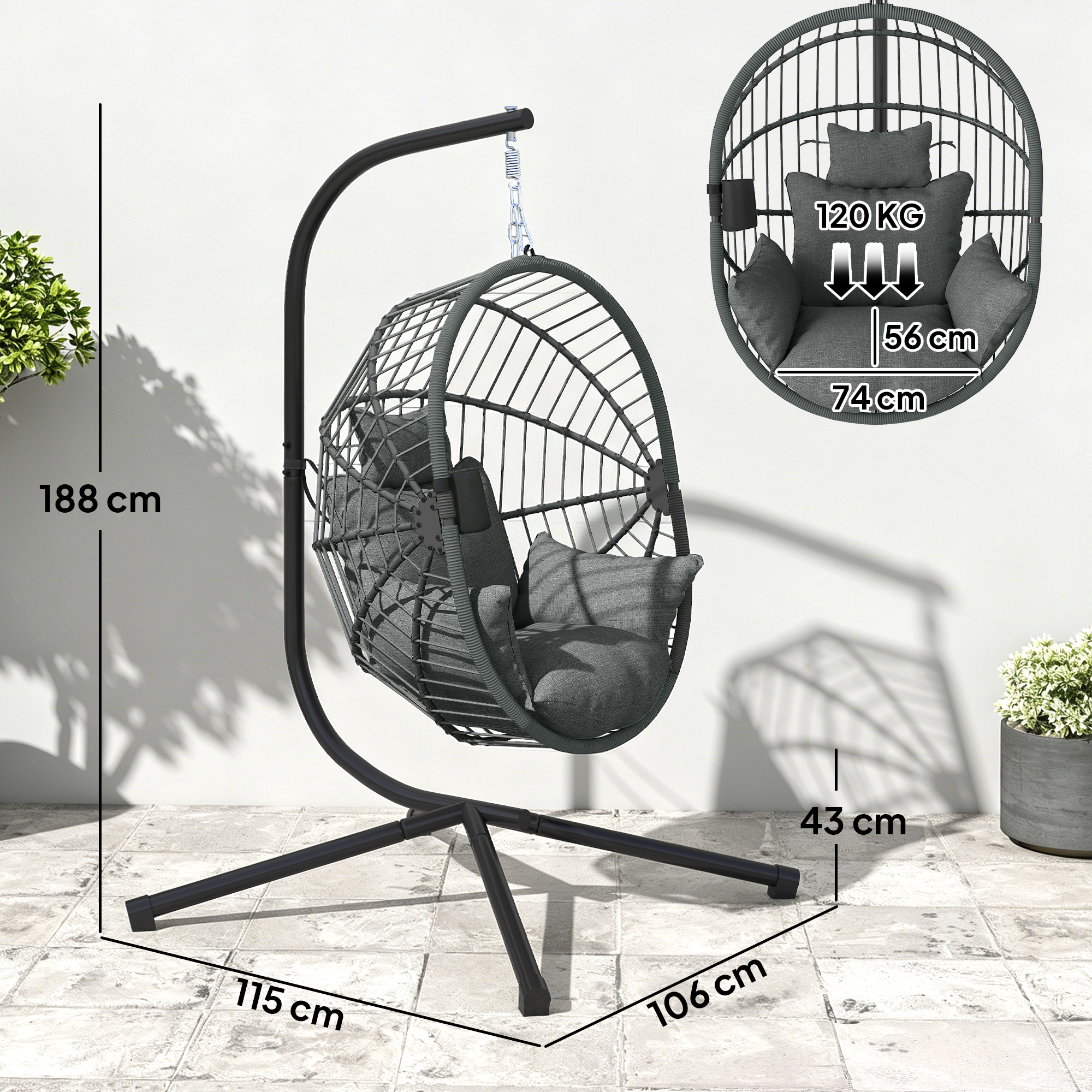 Piekarināms krēsls Egg Chair, ar spilvenu, pelēks, 120 x 106 x 188 cm - Image 3