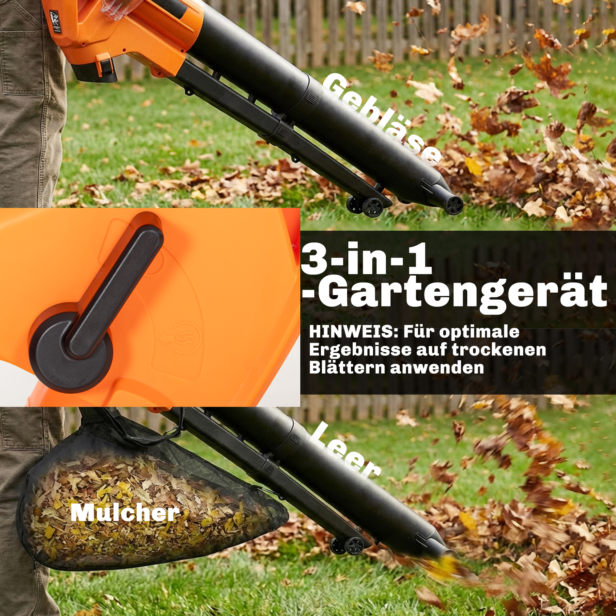 Sähkökäyttöinen lehti-imuri-puhallin, 3000 W, 40 l, oranssi, 121,5 x 31 x 48 cm - Image 4