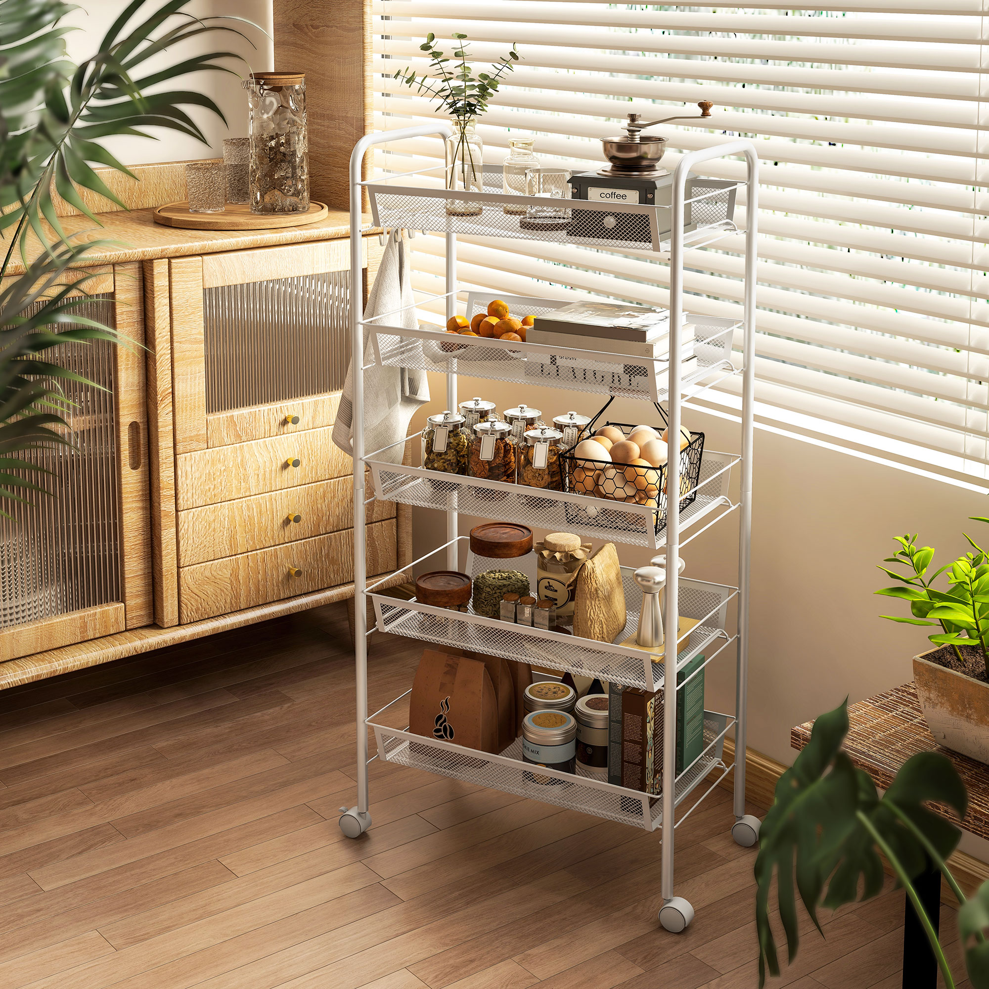 Virtuves ratiņi ar 5 stiepļu groziem, 4 āķiem, 4 ritentiņiem, 2 rokturiem, tērauds / plastmasa, 45 x 26,5 x 106 cm, balts - Image 2