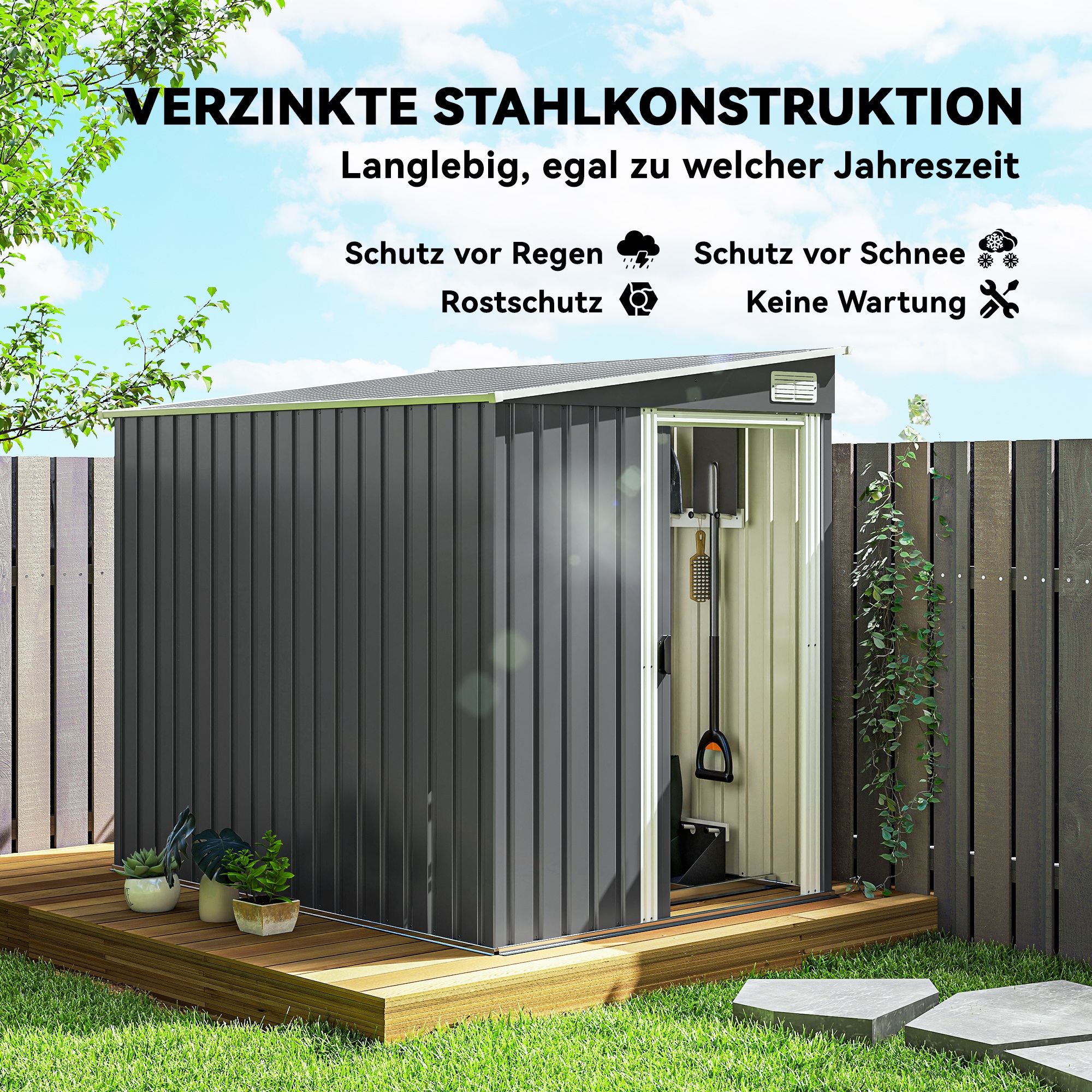 Metallinen pihavarasto, tummanharmaa, 154 x 206,5 x 160/181 cm - Image 4