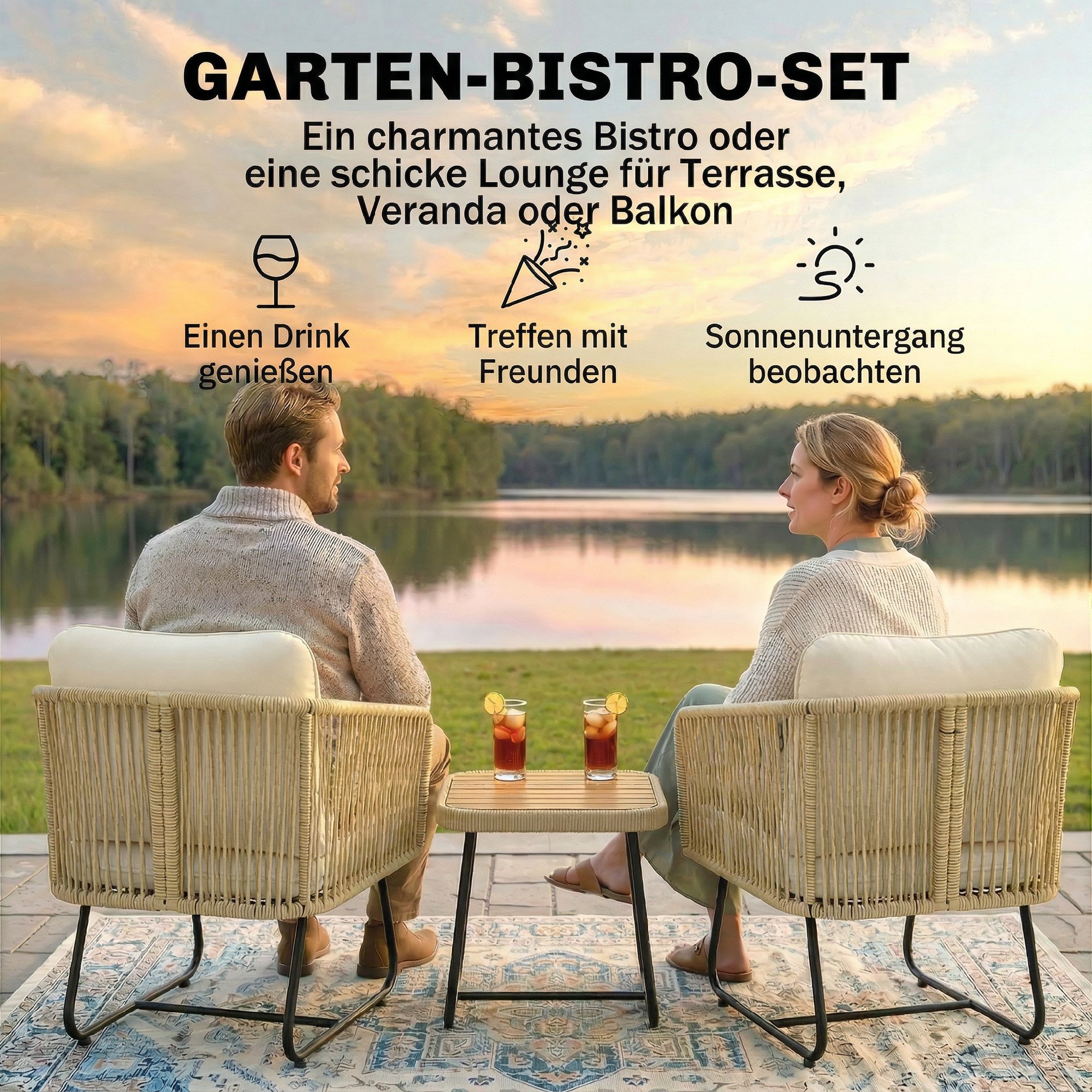 3-osainen rotinkinen bistrosetti, beige, luonnonvalkoinen ja teak-sävy, 65 x 61 x 70 cm - Image 4