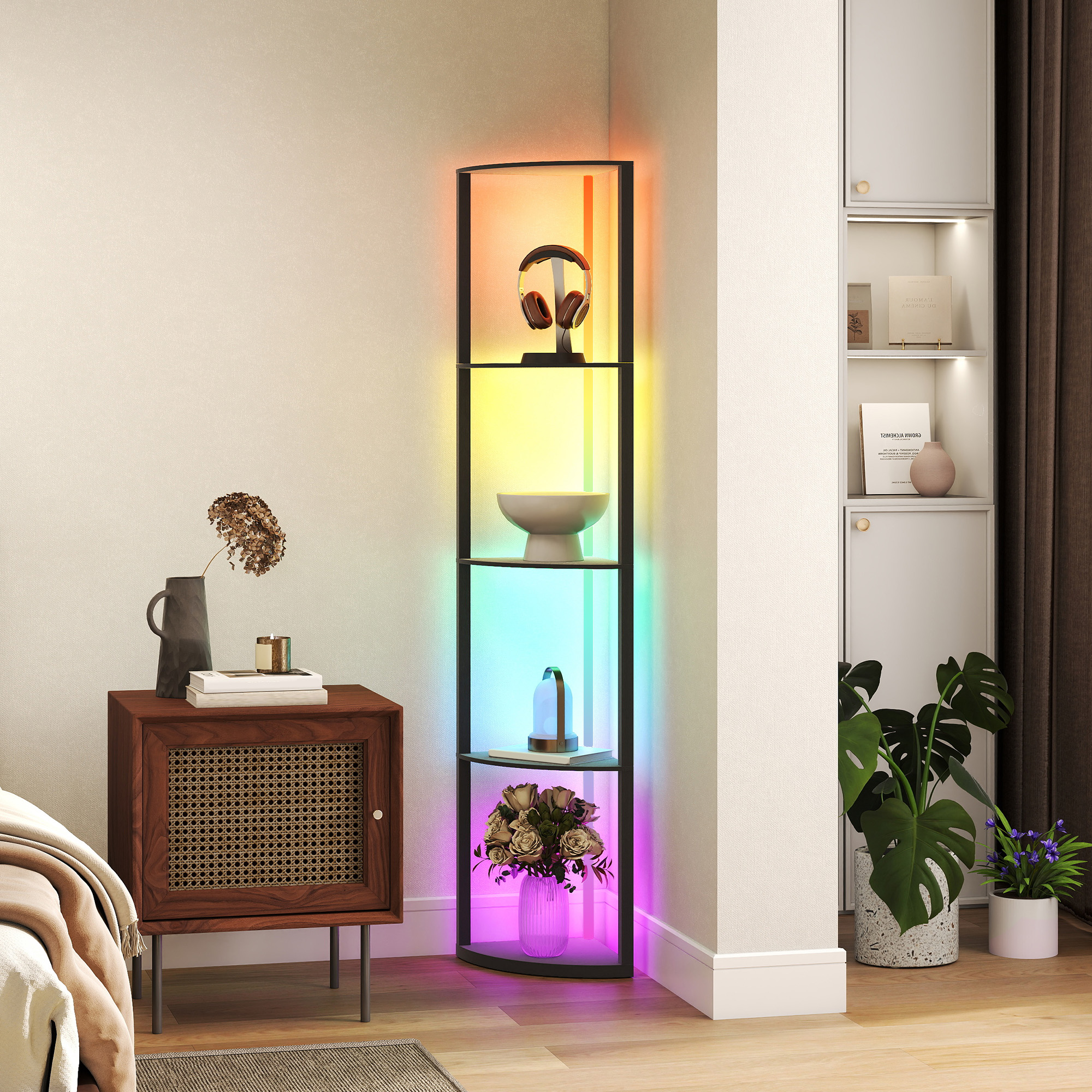 Stāvlampa ar plauktiem, melna, MDF, 42 x 29,5 x 163 cm - Image 2
