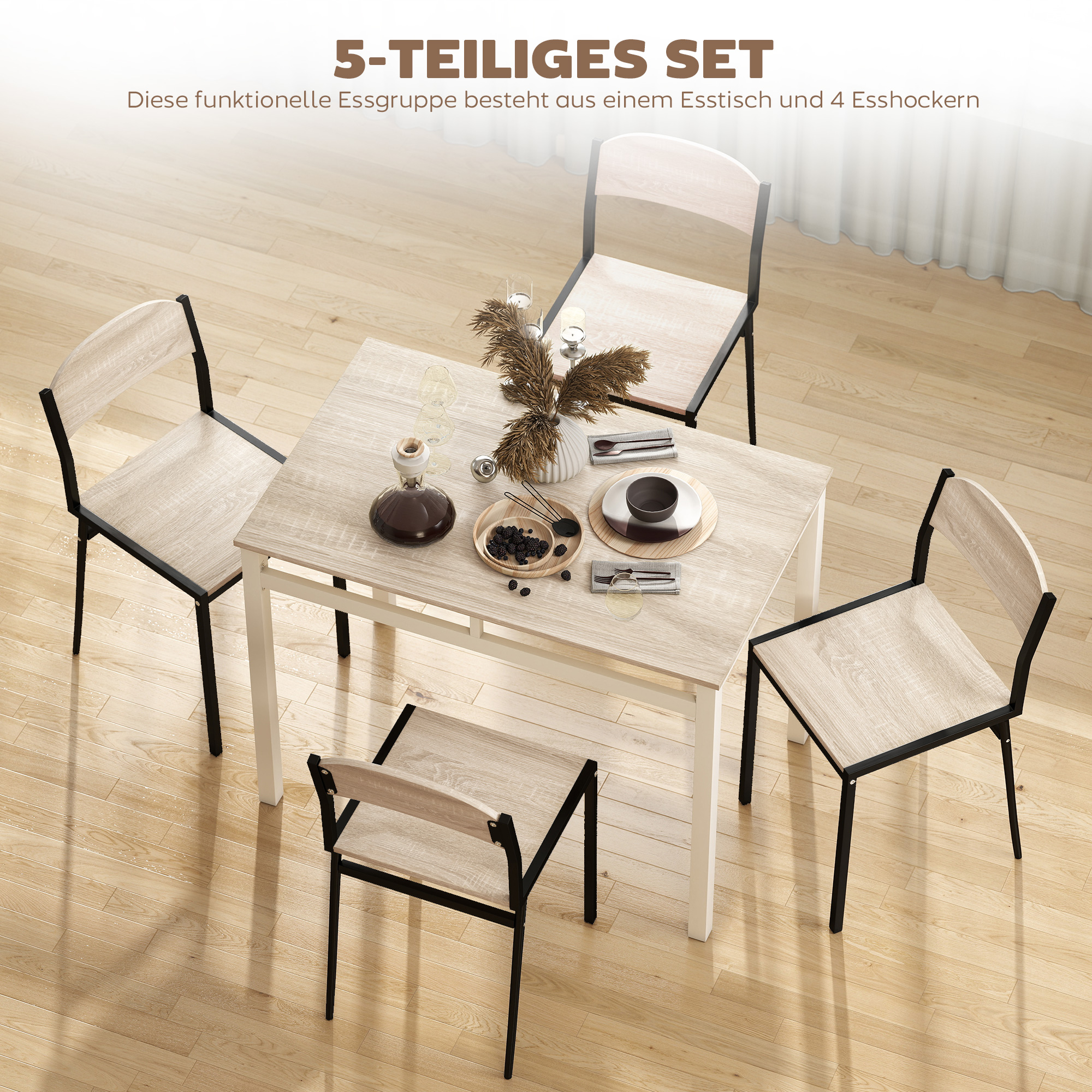 5 dalių valgomojo komplektas, valgomojo stalas su 4 kėdėmis, ąžuolo spalvos, MDF, metalas - Image 5