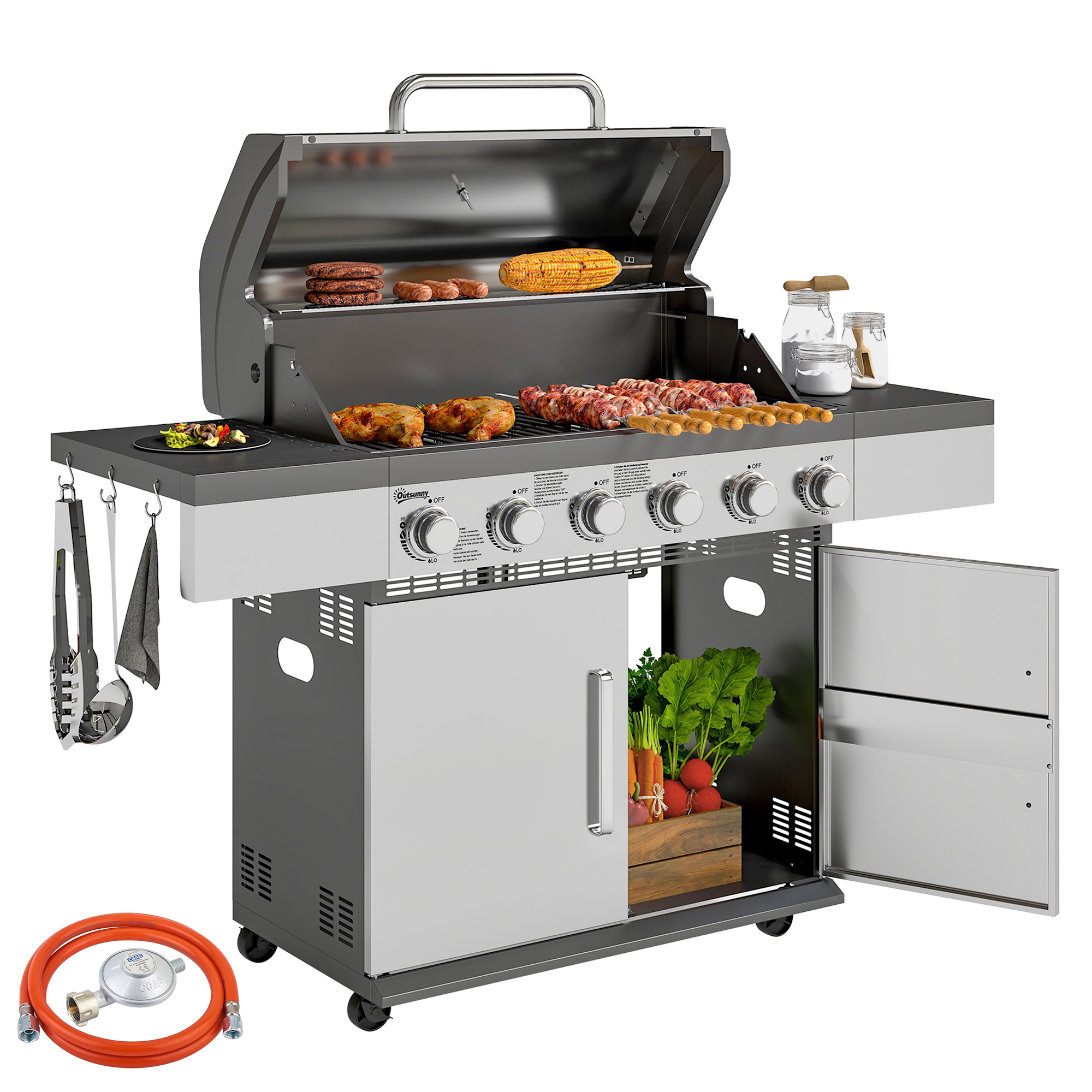 Gaasigrill käru, 8500 BTU, hõbedane, 141 x 55 x 110 cm