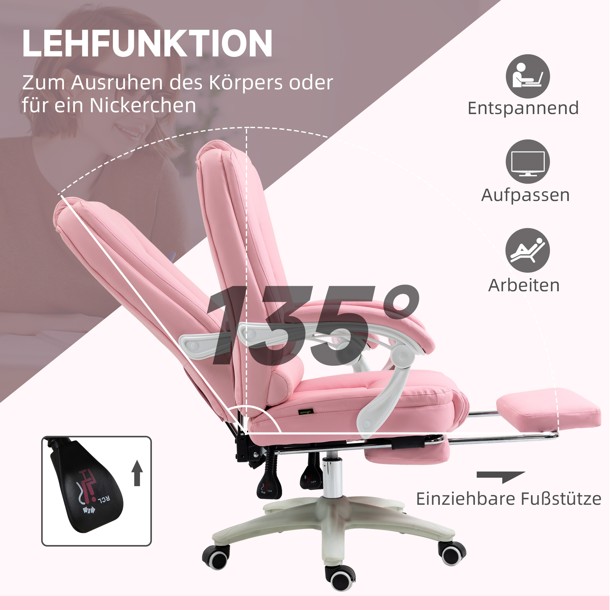 Biroja krēsls ar kāju balstu, regulējama atzveltne, augstumā regulējams, 5 ritentiņi, rozā / balts - Image 5
