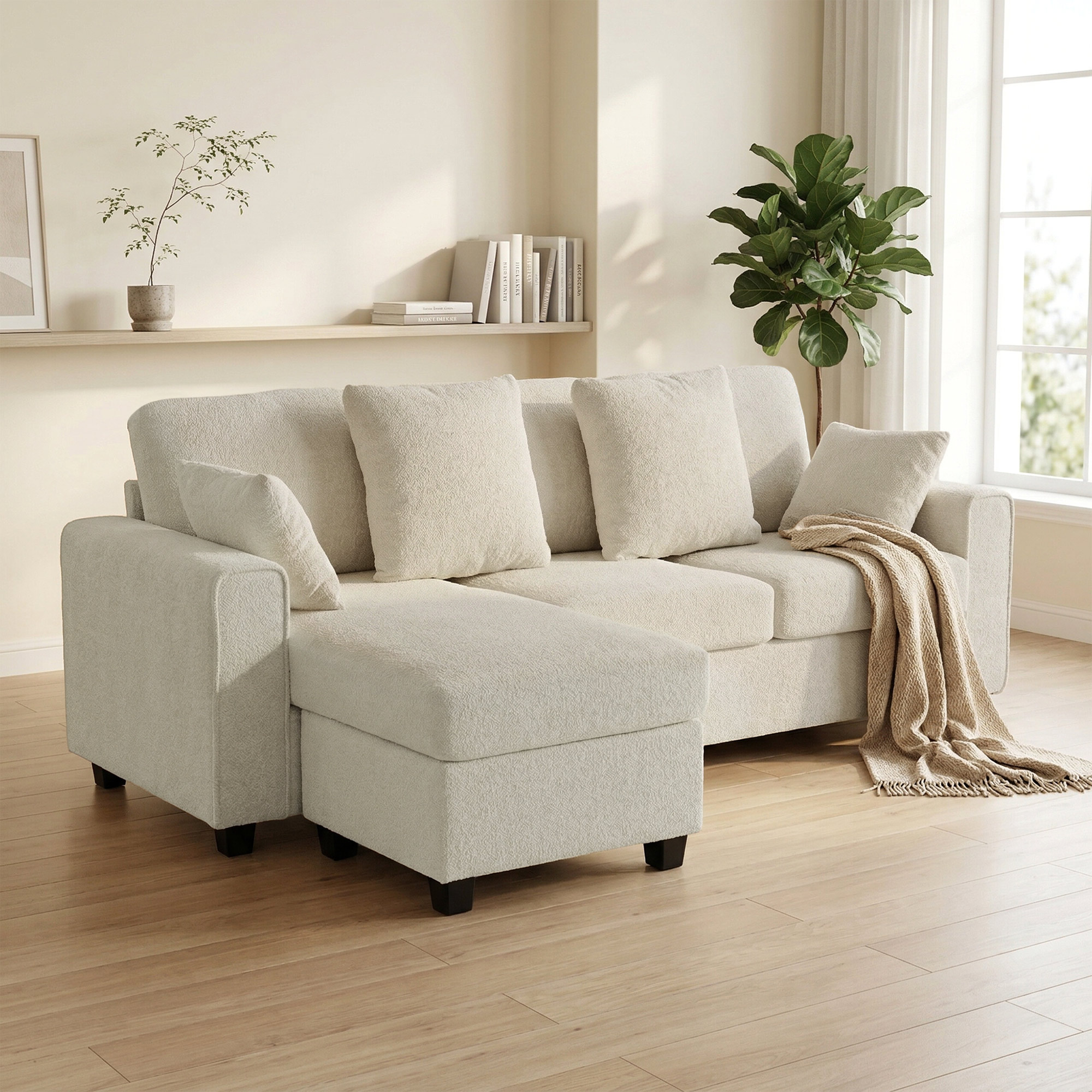 Kampinė sofa su reversine šezlongo dalimi, 3 vietų, aksomo išvaizdos, smėlio spalvos, 235,5 x 145 x 88 cm - Image 2