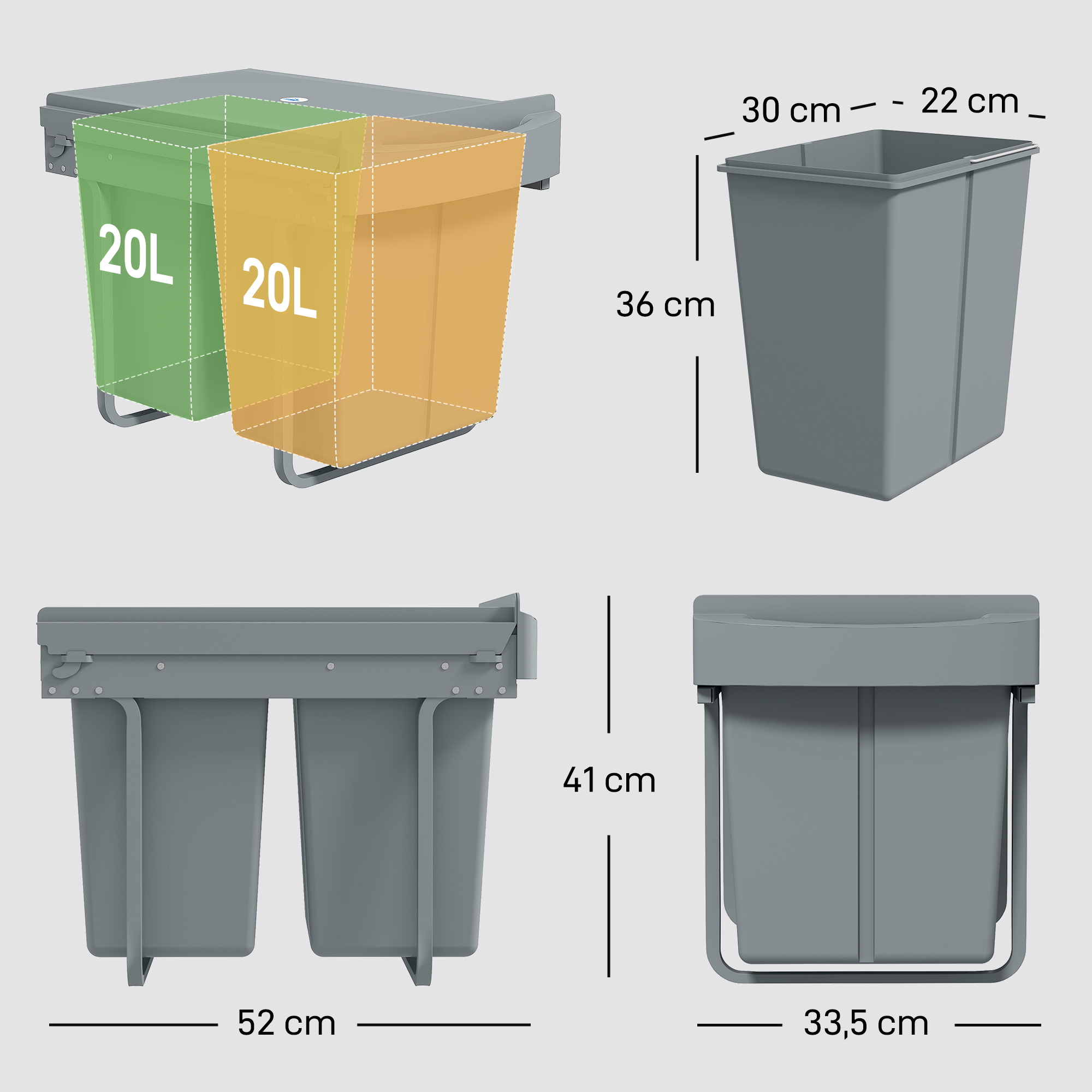 Izvelkams atkritumu tvertnes ieliktnis, 2 x 20 l, pelēks, plastmasa un metāls - Image 3