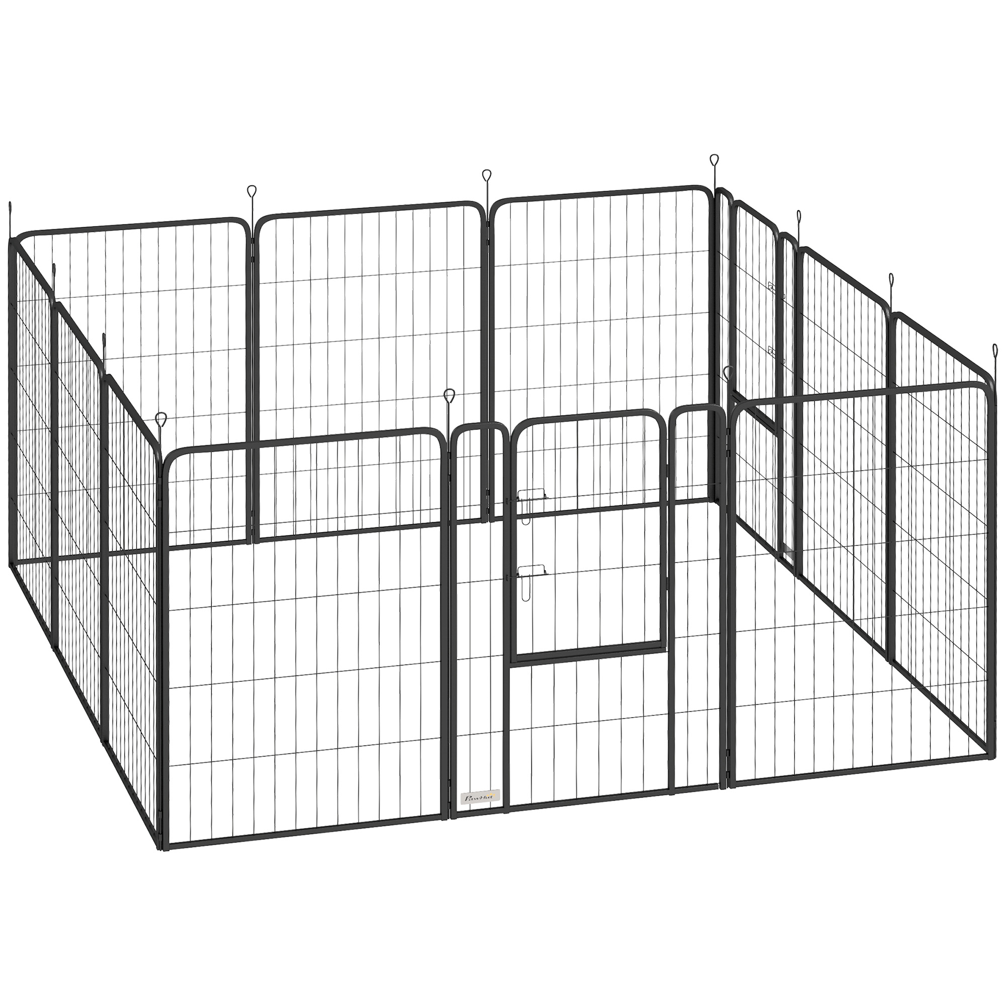 12 dalių šuniukų aptvaras, 12 panelių, durys, žemės kuoliukai, lankstomas, juodas, 100 cm aukščio