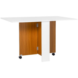 Kokkupandav söögilaud ratastel, teak ja valge, 120 x 80 x 73 cm