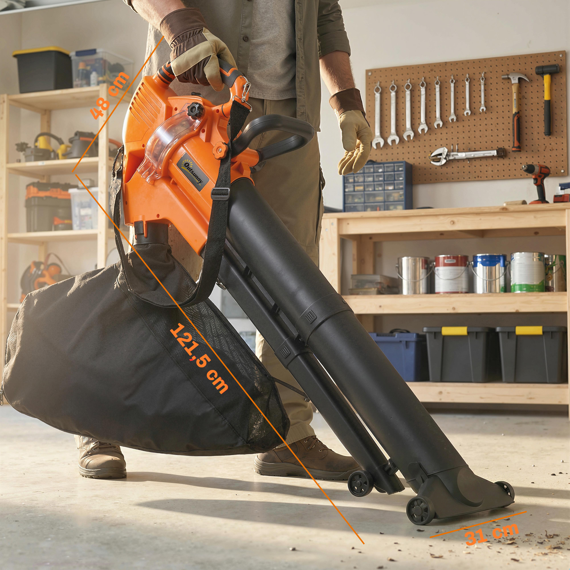 Sähkökäyttöinen lehti-imuri-puhallin, 3000 W, 40 l, oranssi, 121,5 x 31 x 48 cm - Image 3