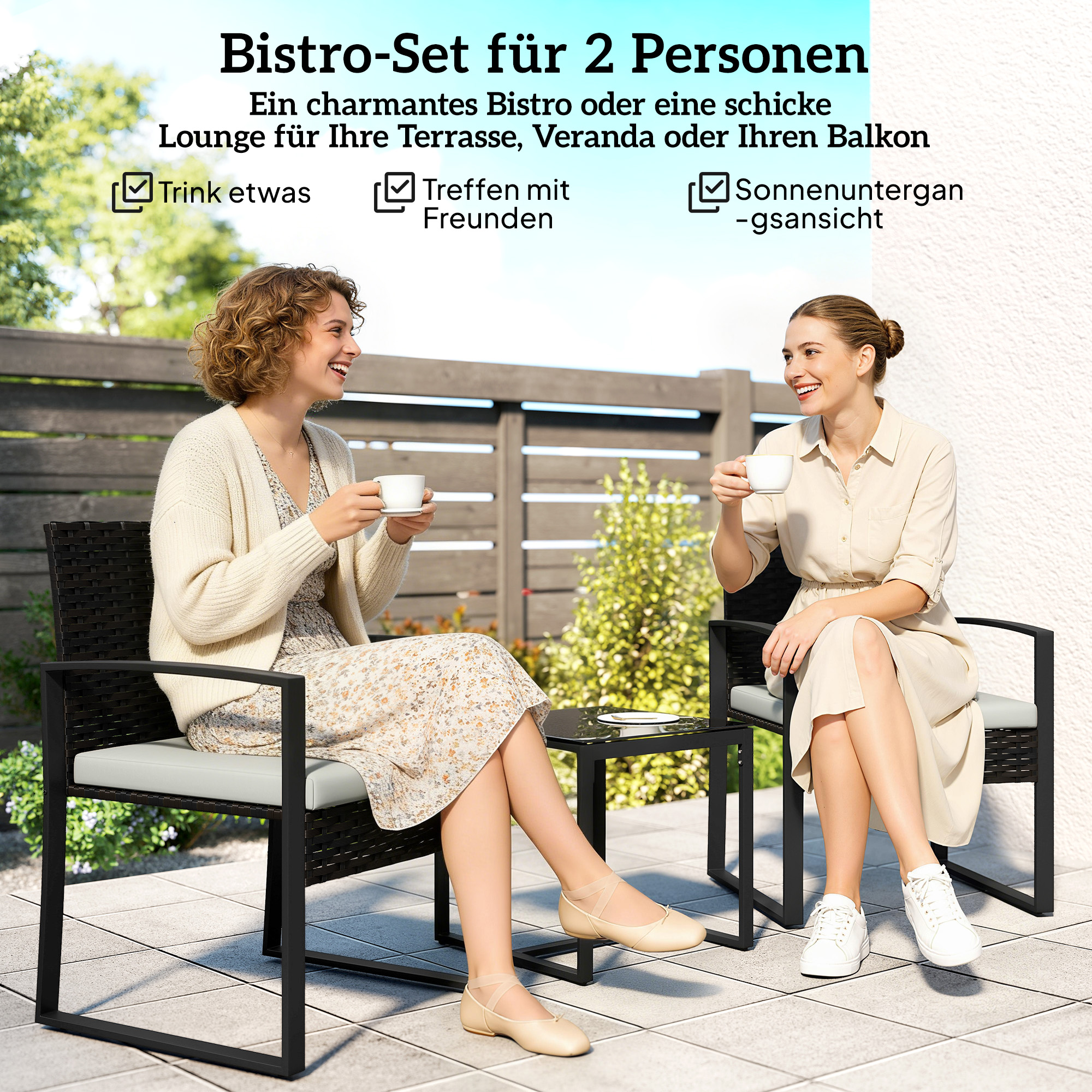Bistro komplekts, 3 daļu āra mēbeļu komplekts, 2 krēsli, galdiņš, krēmīgi balts - Image 4
